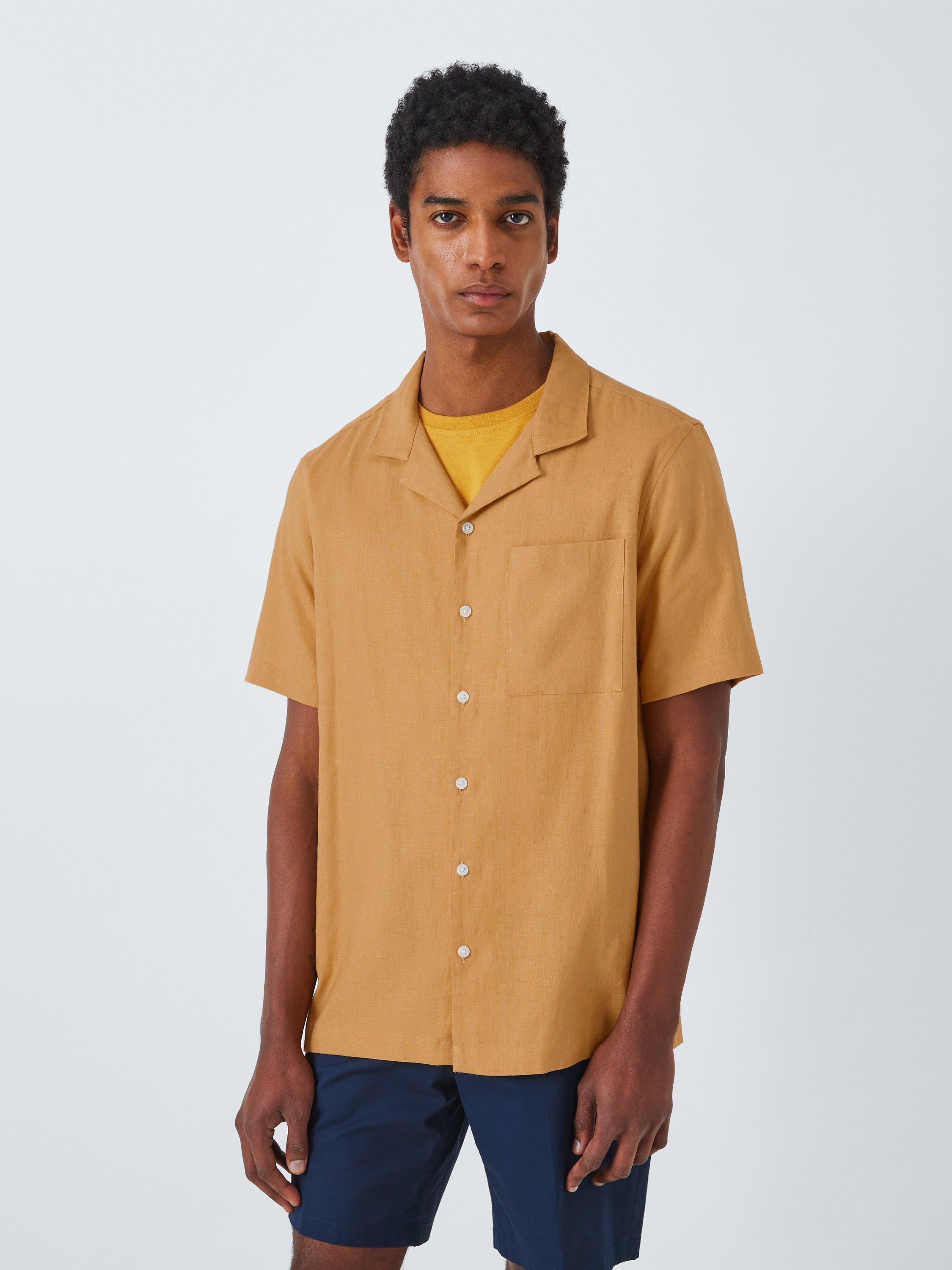 Kin Linen Blend Revere Collar Short Sleeve Shirt, Spruce Yellow