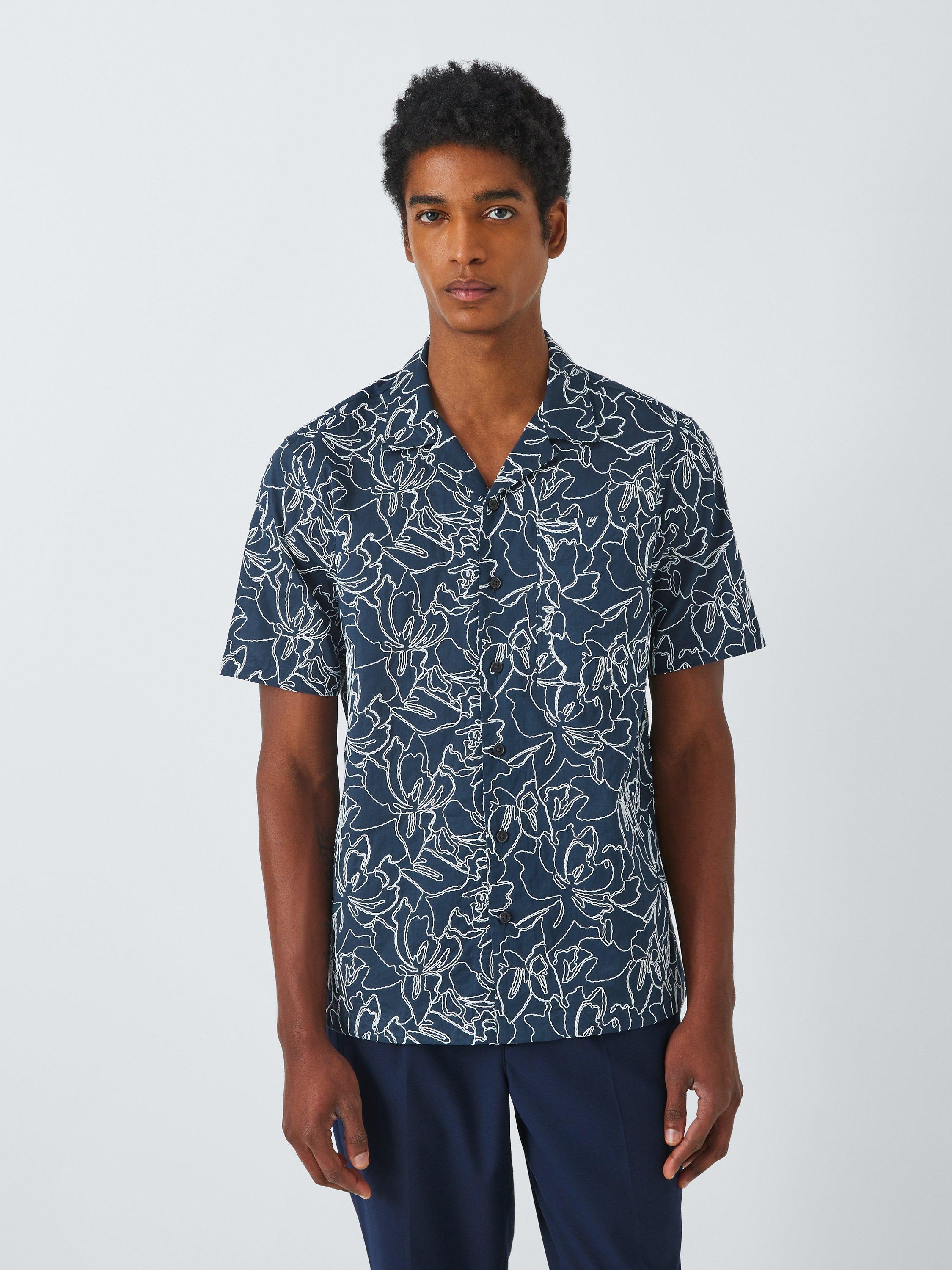 Kin Short Sleeve All Embroidery Shirt, Navy/White