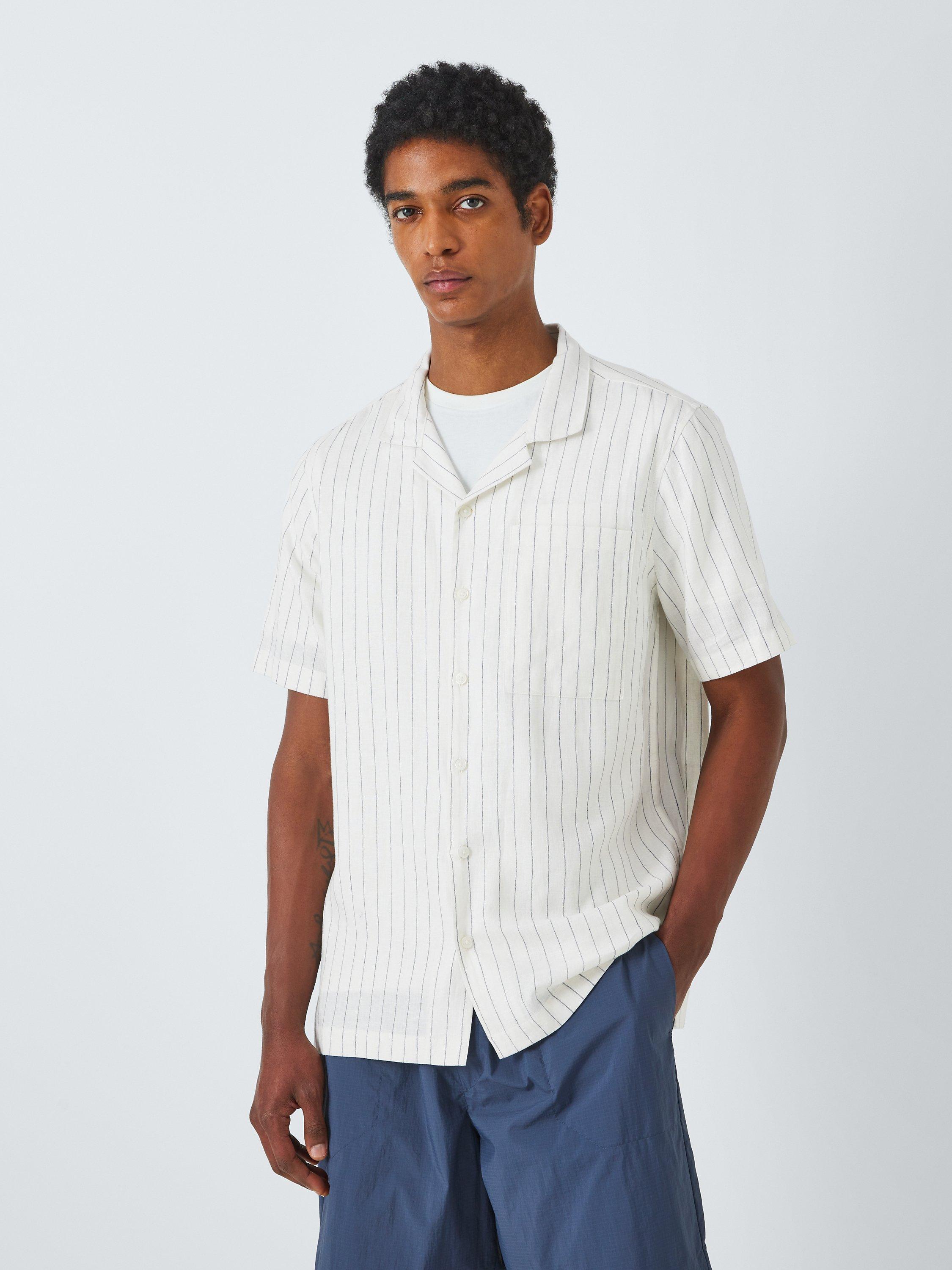 Kin Linen Blend Short Sleeve Stripe Revere Collar Shirt, Ecru/Black