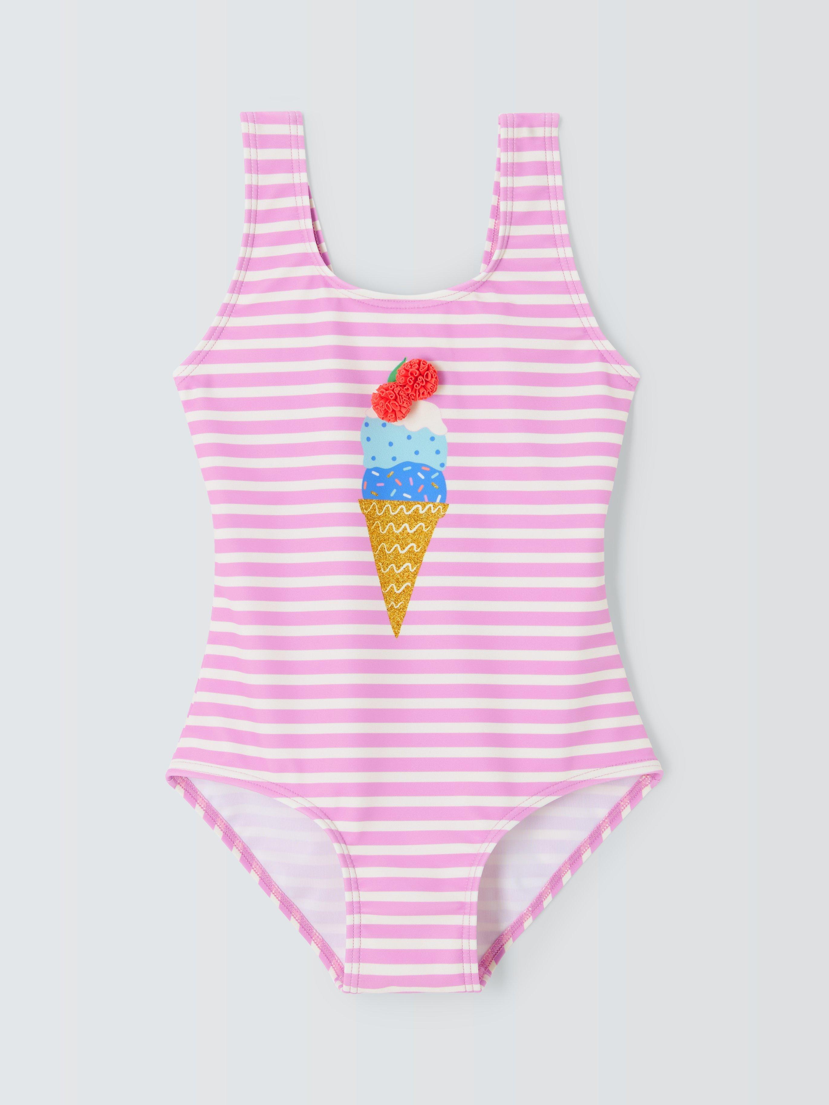 John Lewis Kids Stripe Ice Cream Swimsuit Pink Multi