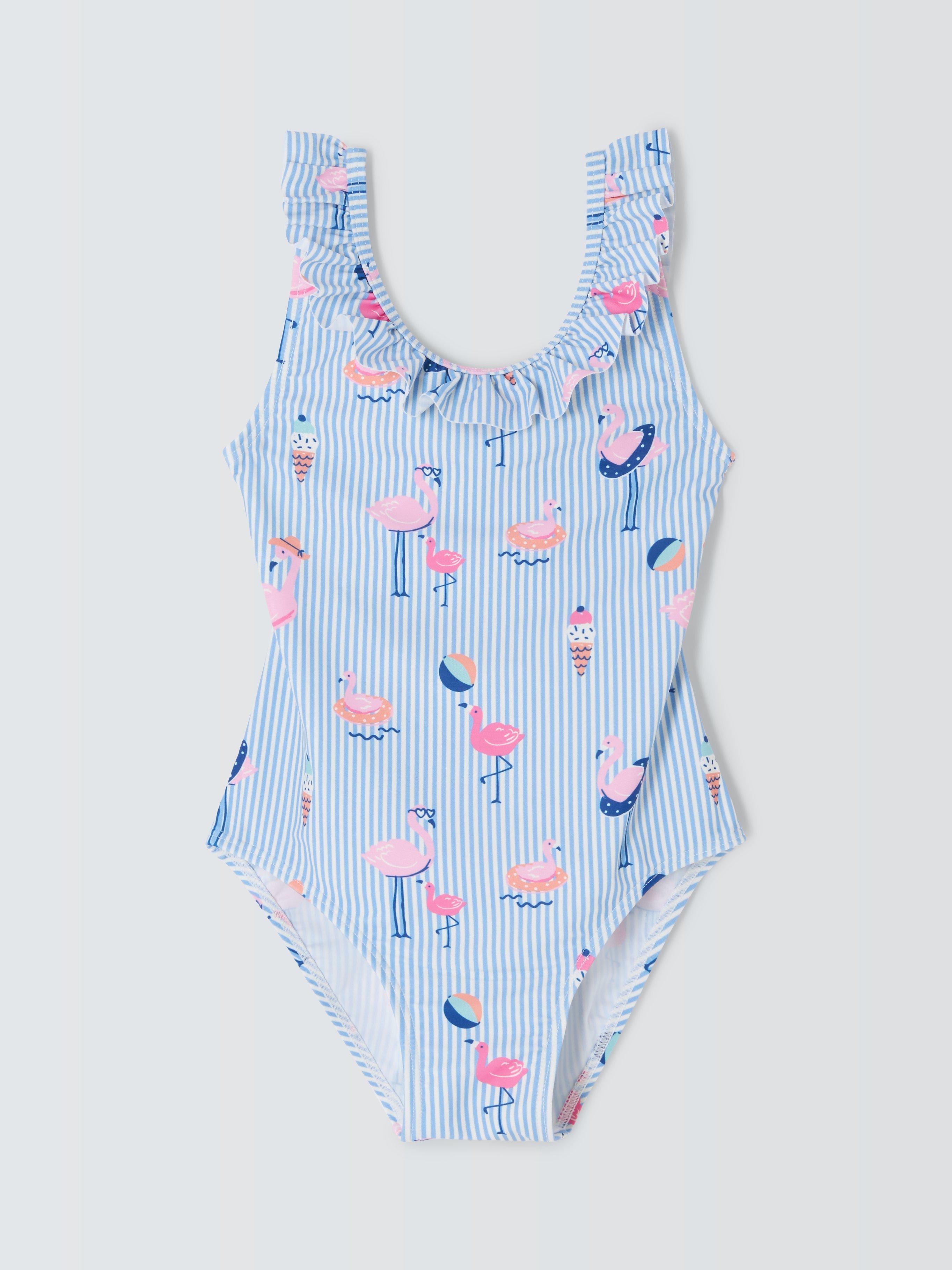 John Lewis Kids' Stripe Flamingo Swimsuit, Blue/Multi, 7 years