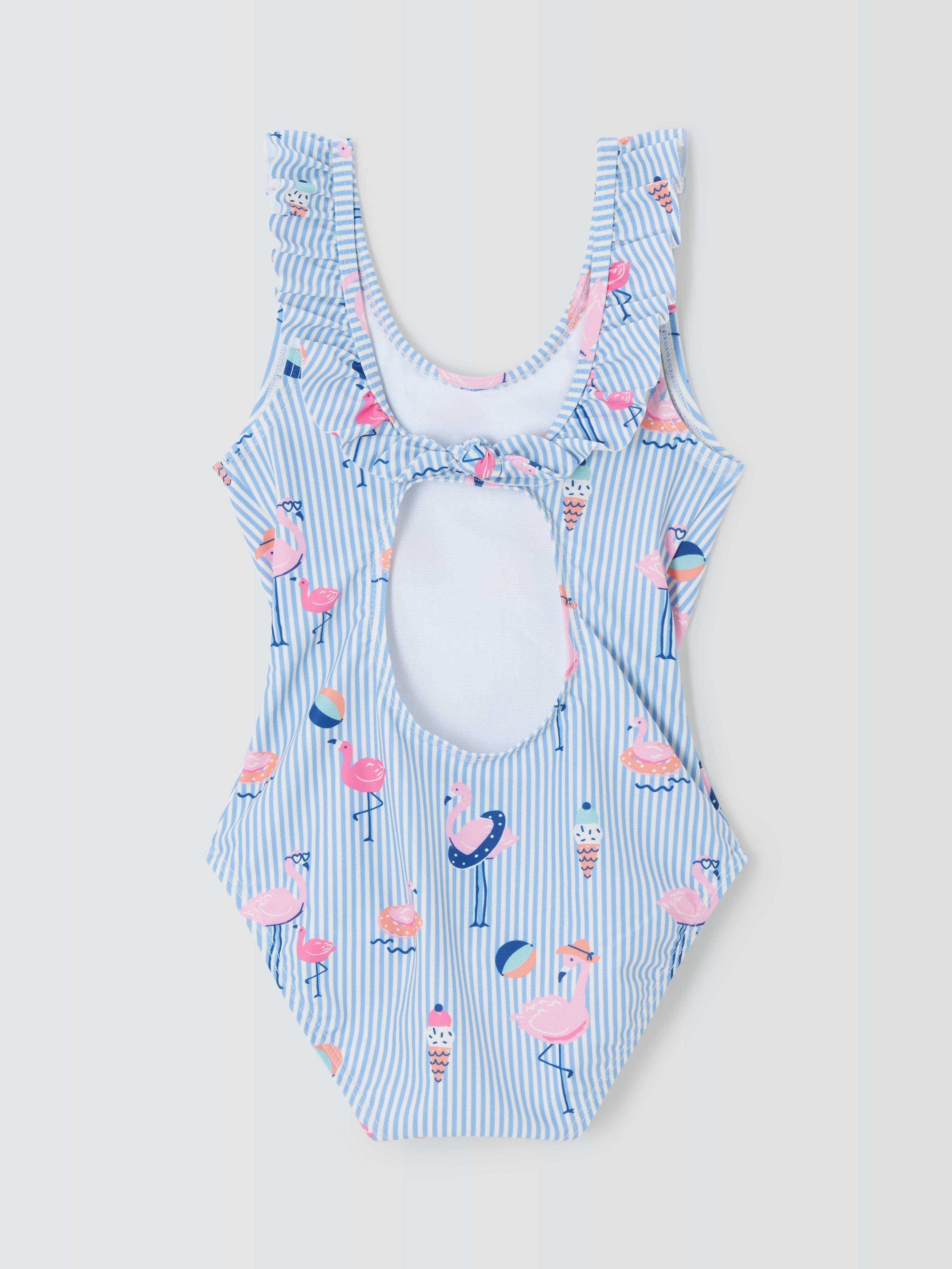 John Lewis Kids' Stripe Flamingo Swimsuit, Blue/Multi, 7 years