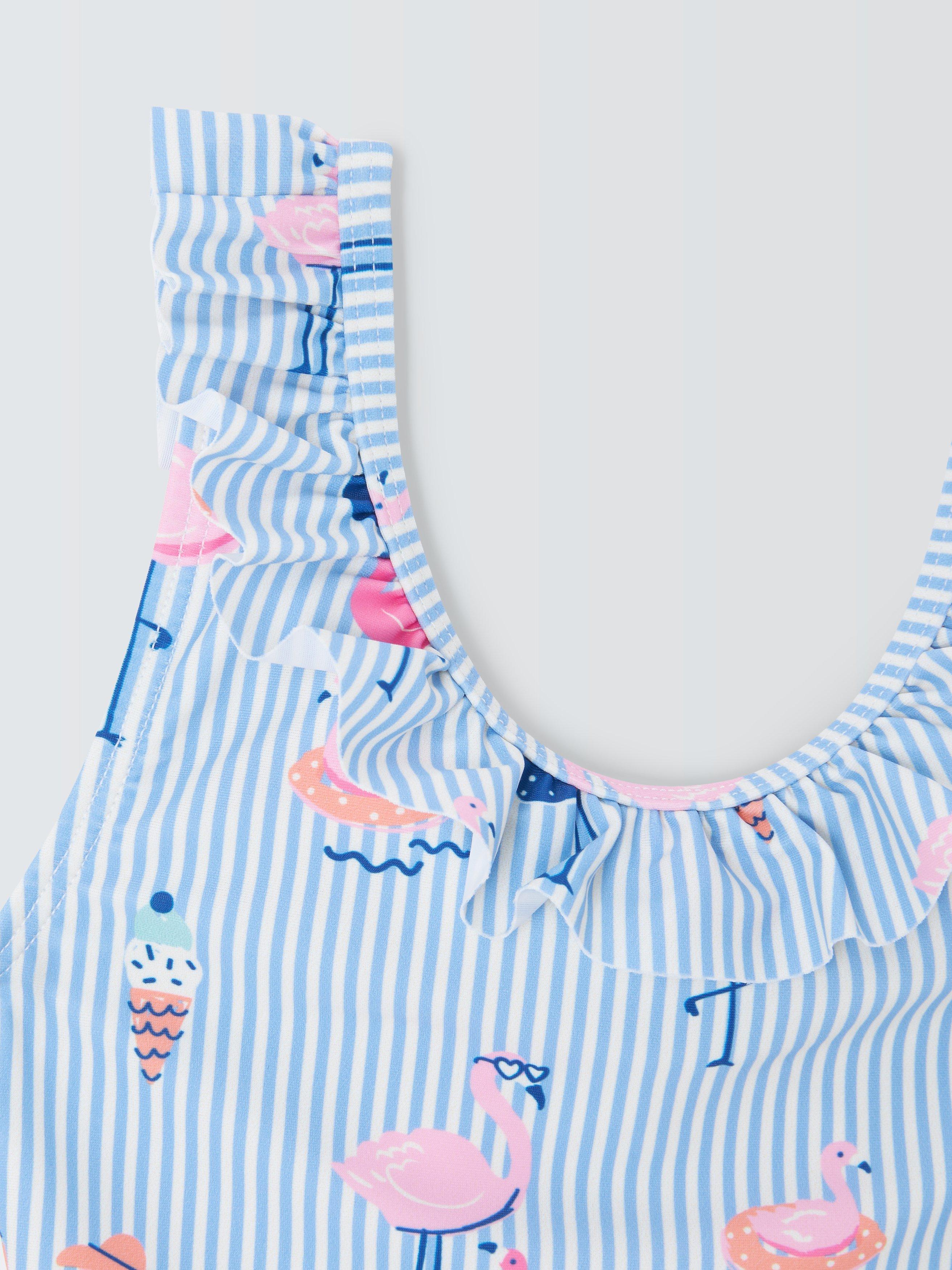 John Lewis Kids' Stripe Flamingo Swimsuit, Blue/Multi, 7 years