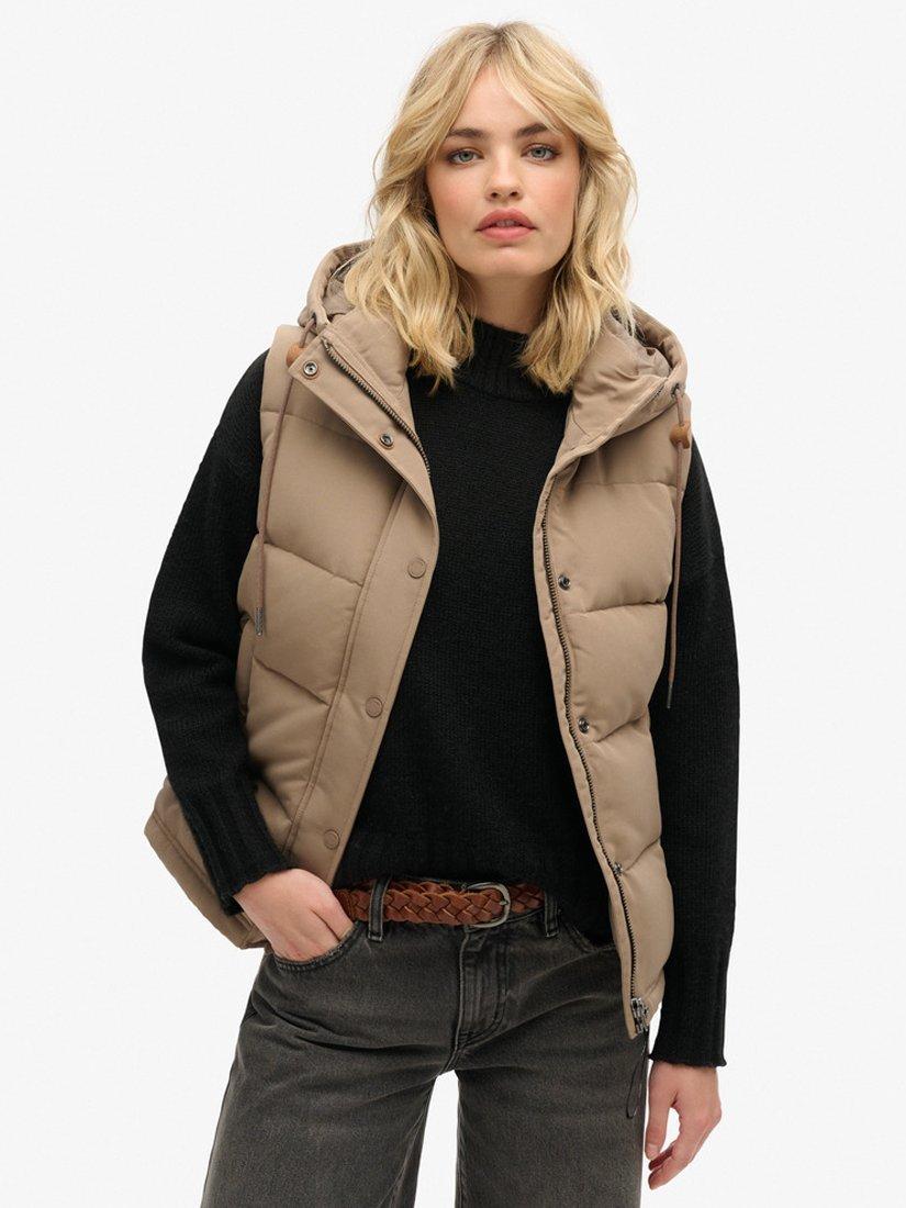 Superdry Everest Hooded Puffer Gilet, Fossil Brown