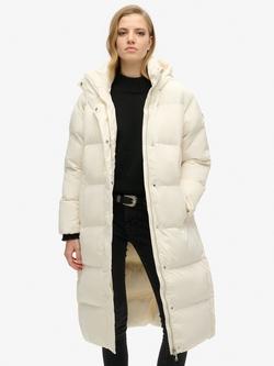 Superdry Hooded Longline Puffer Coat, Off White, Off White