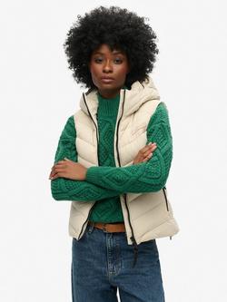 Superdry Hooded Microfibre Padded Gilet, Pelican Beige