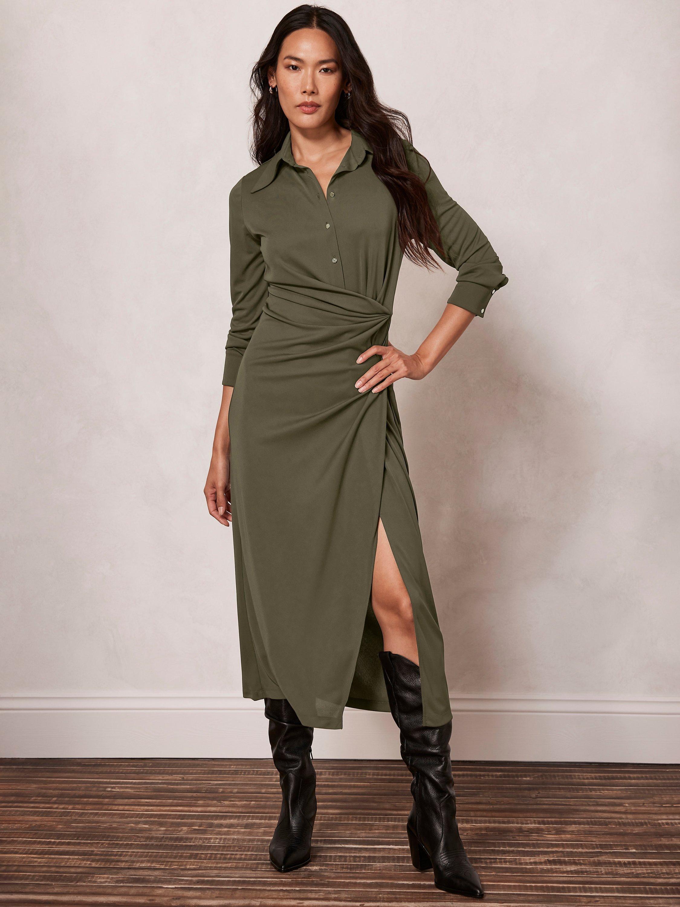 Mint Velvet Drape Front Midi Shirt Dress, Khaki