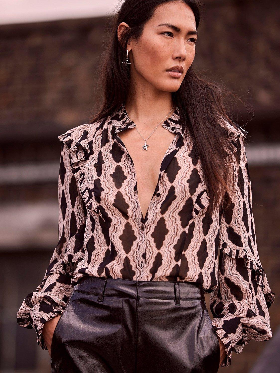 Mint Velvet Graphic Print Ruffle Blouse, Black/Beige