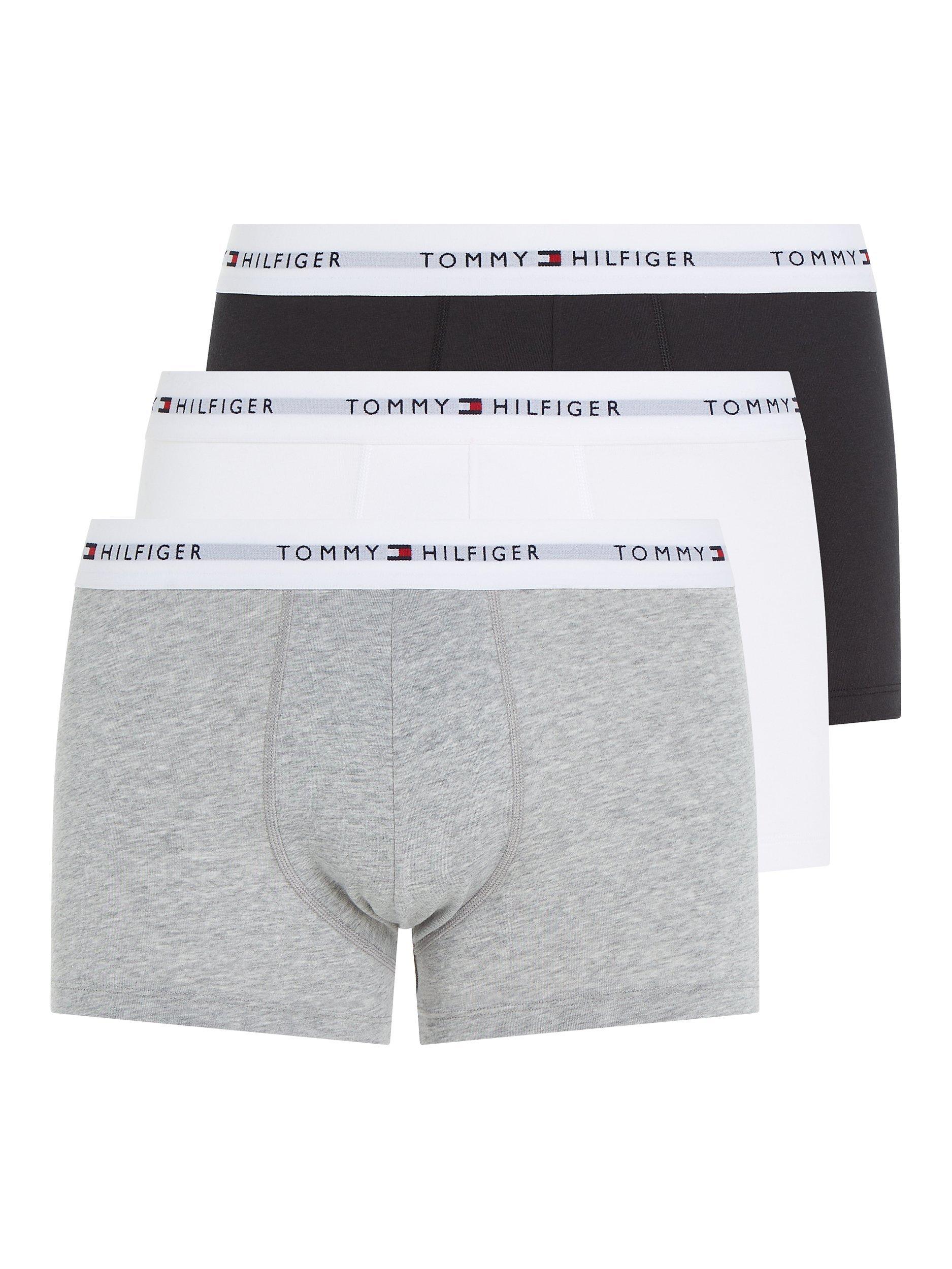 Product image 1 of 5, which shows Tommy Hilfiger Essential Logo Waistband Trunks, Pack of 3, Grey/Black/White, L