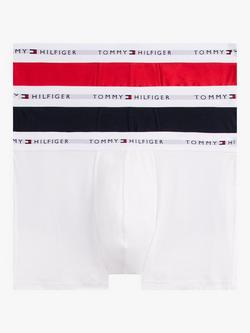 Tommy Hilfiger Essential Logo Waistband Trunks, Pack of 3, Desert Sky/White/Red, Desert Sky/White/Red