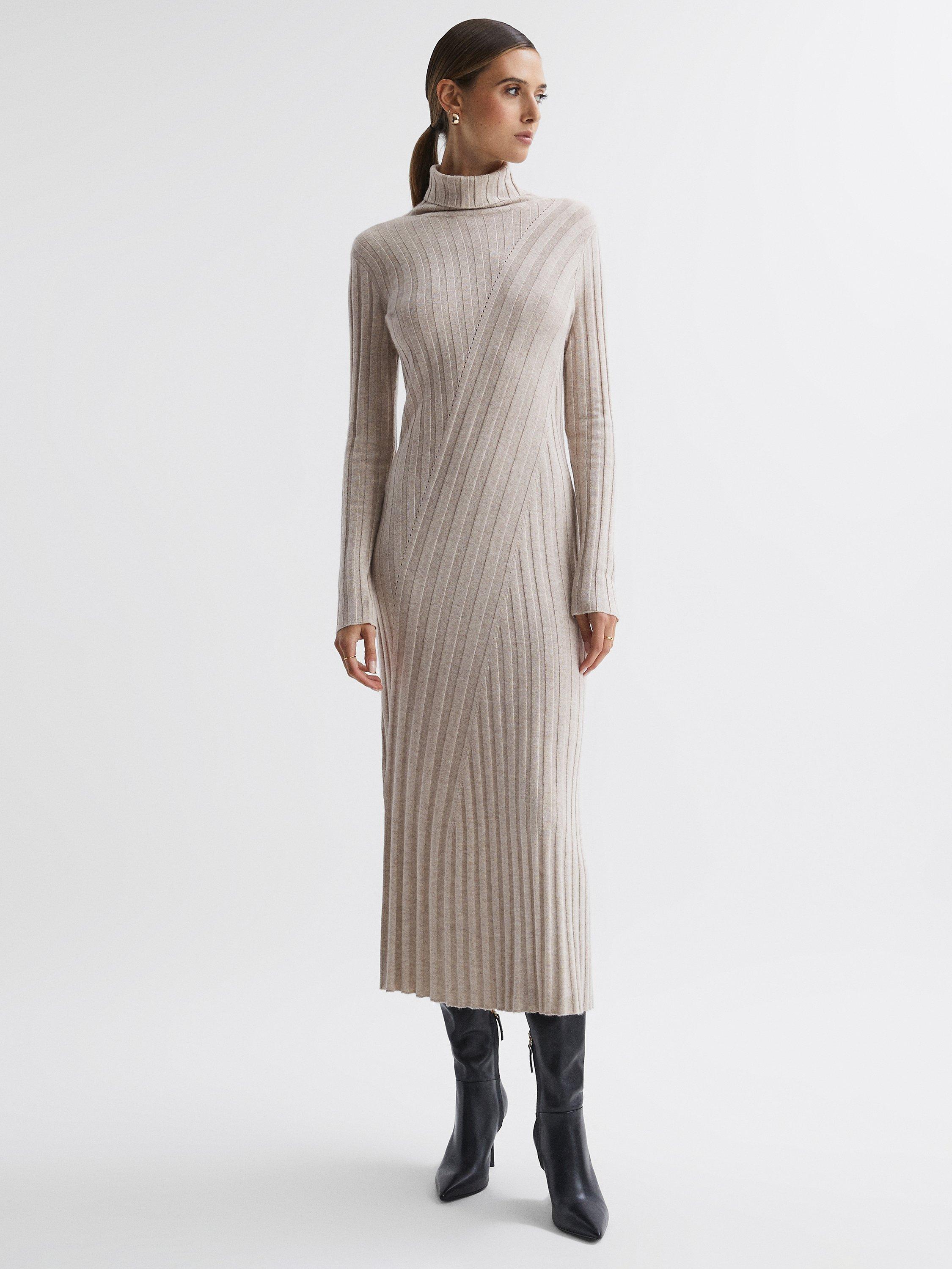 Reiss Cady Ribbed Knit Roll Neck Midi Dress, Stone