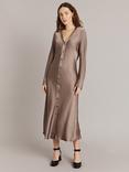 Ghost Kaia Button Through Satin Midi Dress, Pebble