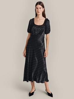 Ghost Aselia Polka Dot Satin Midi Dress, Black/White, Black/White