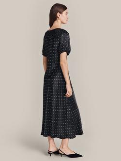 Ghost Aselia Polka Dot Satin Midi Dress, Black/White - view 2, Black/White