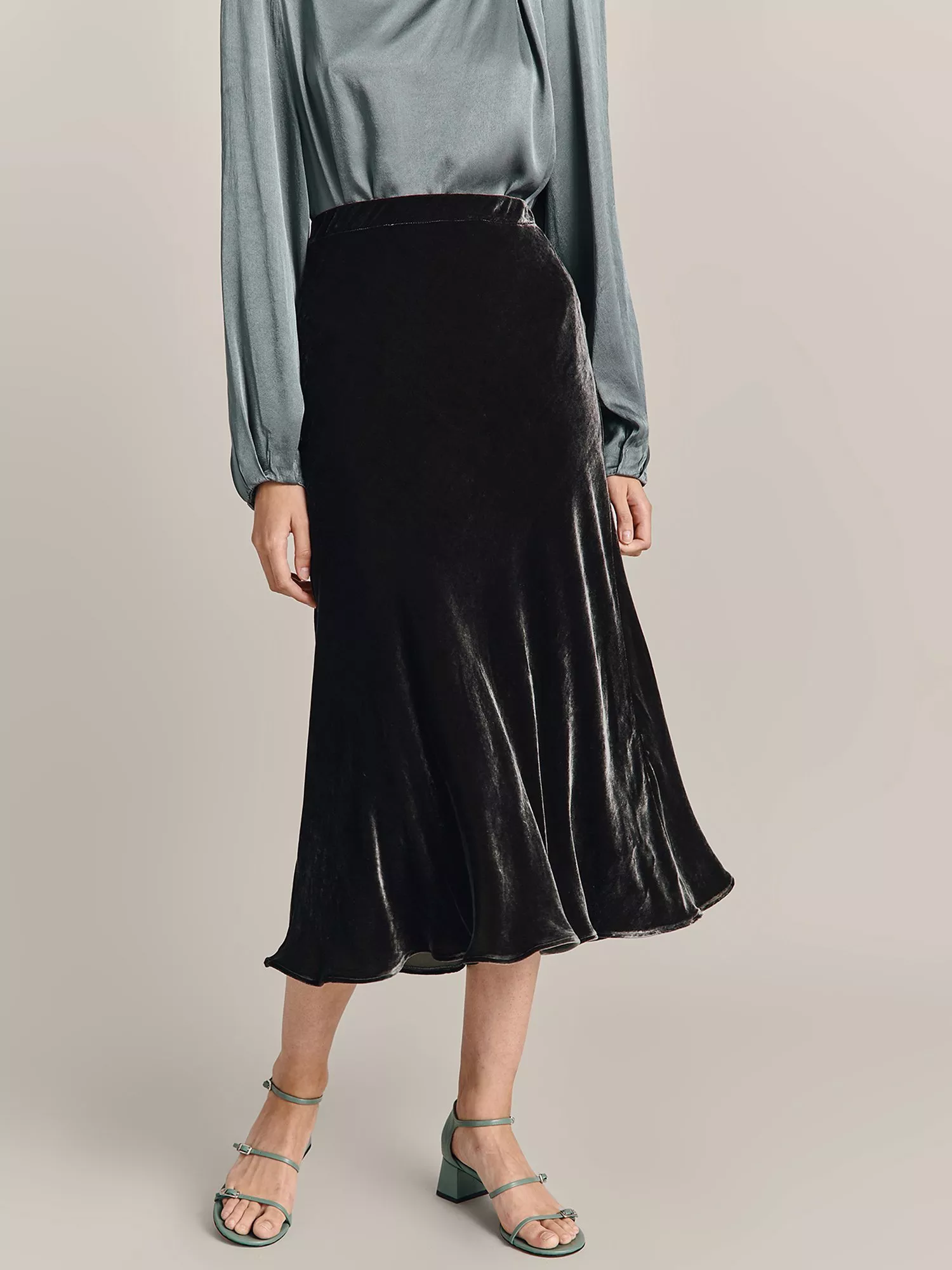 Ghost Celia Silk Blend Velvet Midi Skirt Dark Green