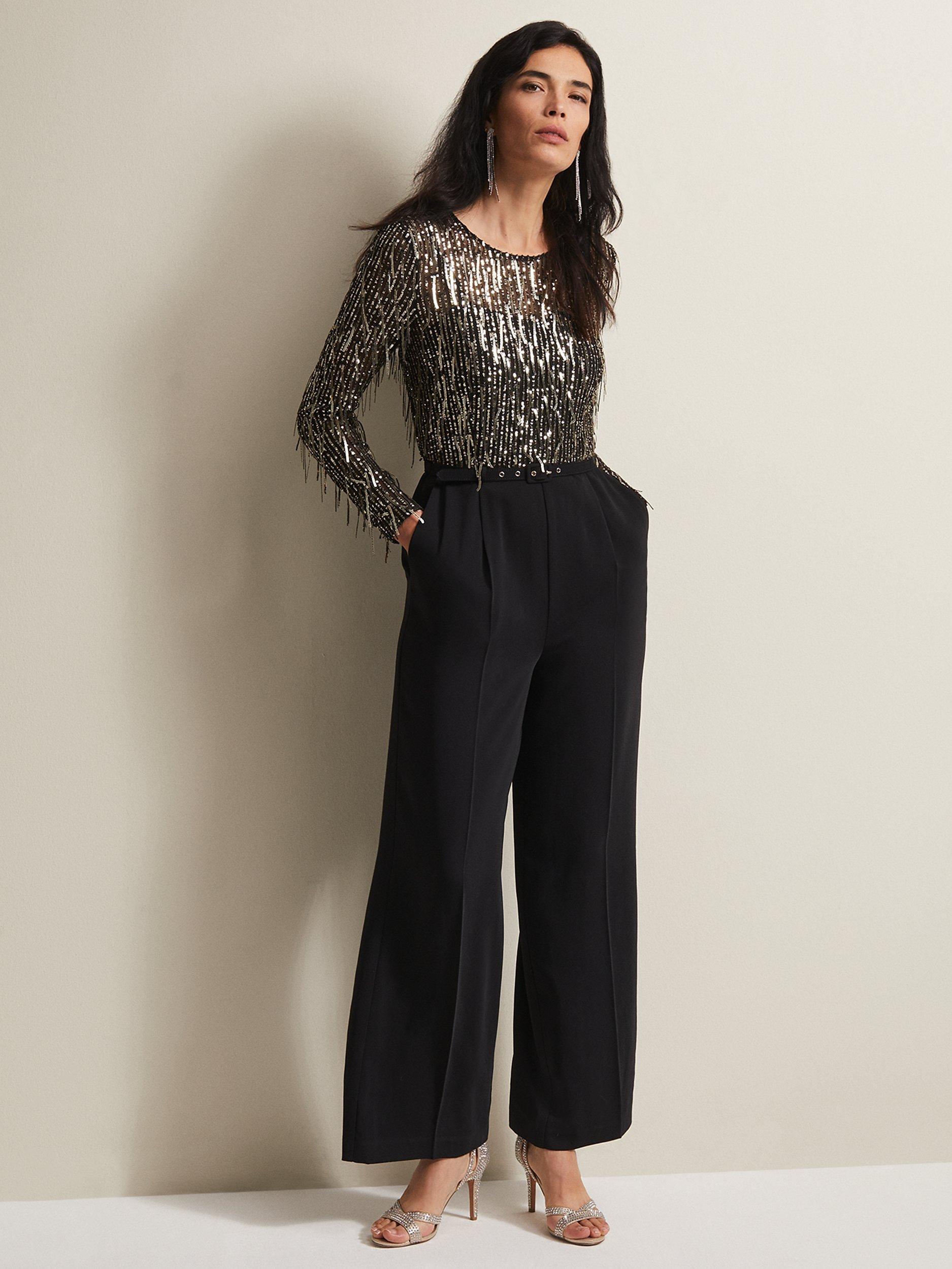 Phase Eight Mariah Sequin Fringe Wide Leg Jumpsuit, Black