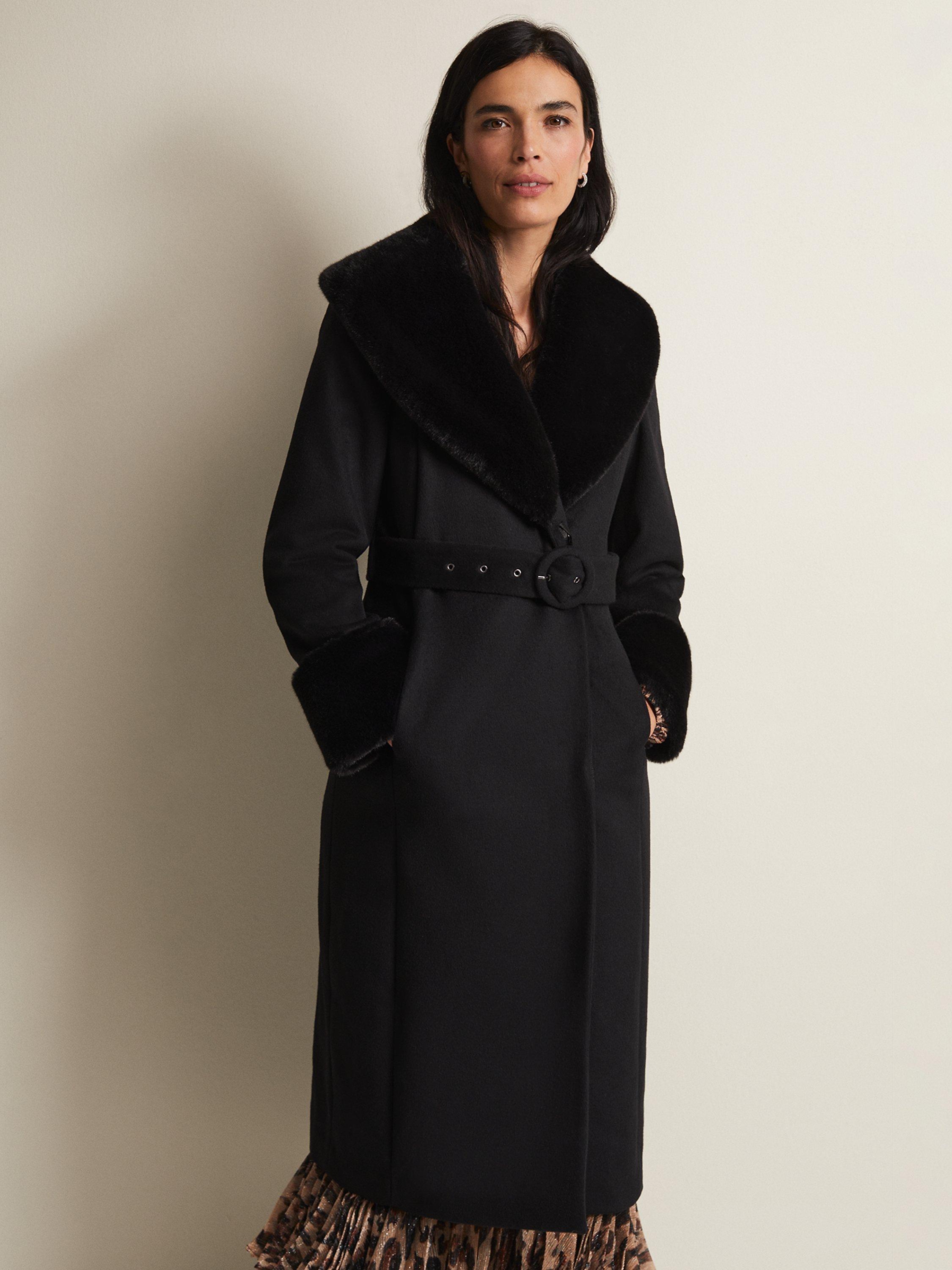 Phase Eight Zylah Wool Blend Faux Fur Collar Smart Coat Black