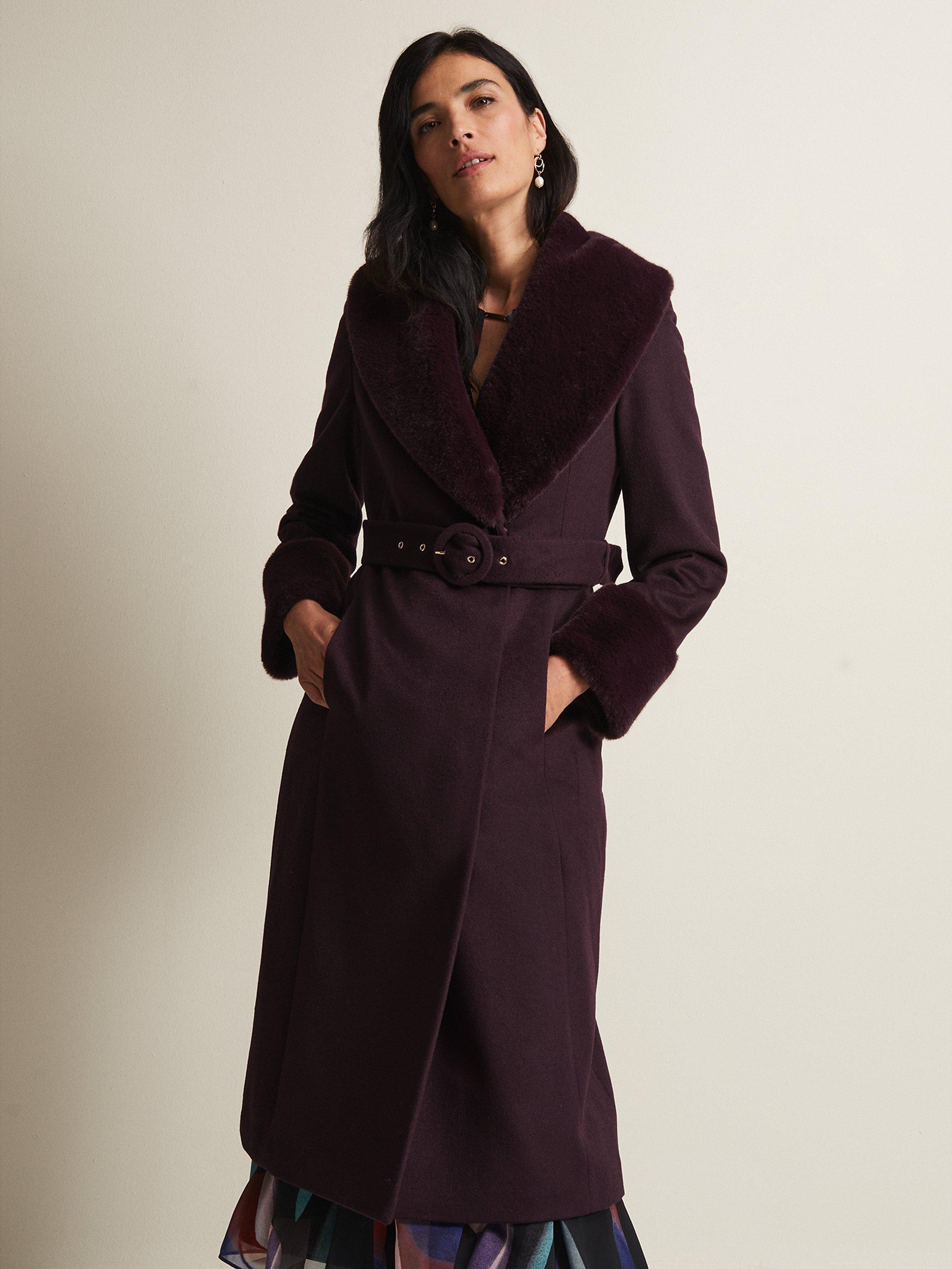 Product image 1 of 8, which shows Phase Eight Zylah Wool Blend Faux Fur Collar Smart Coat, Burgundy, 16