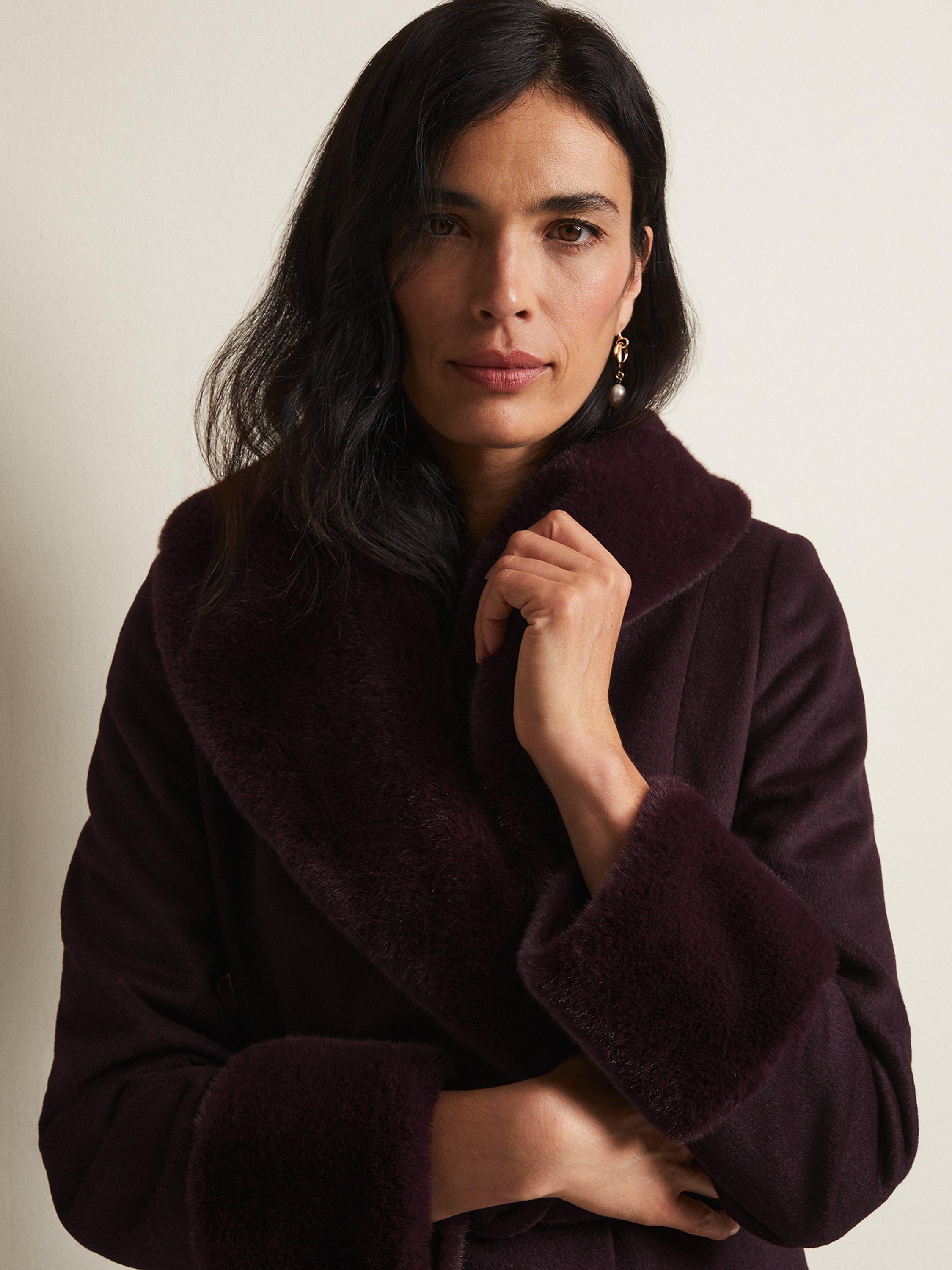 Product image 4 of 8, which shows Phase Eight Zylah Wool Blend Faux Fur Collar Smart Coat, Burgundy, 16