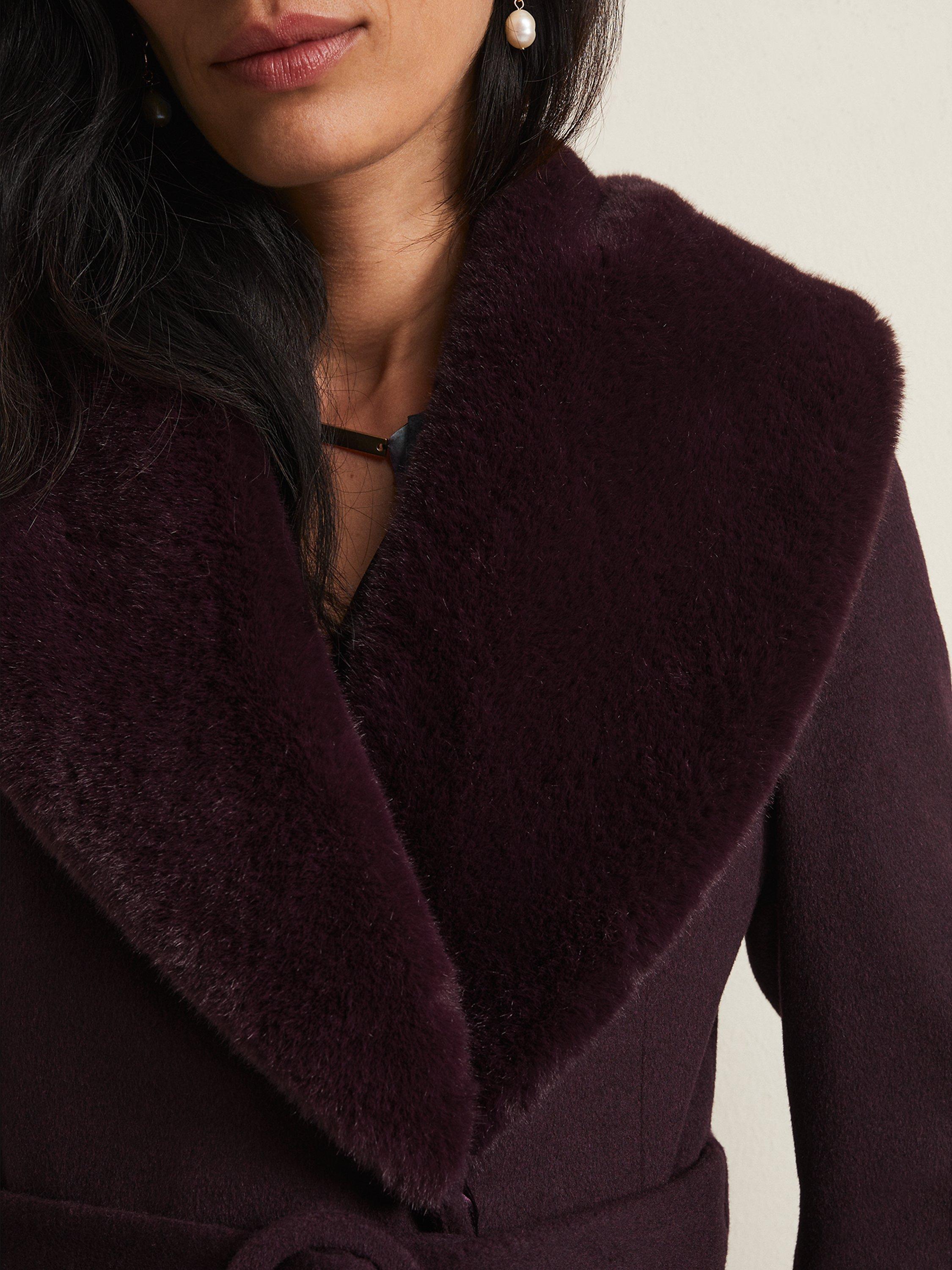 Product image 7 of 8, which shows Phase Eight Zylah Wool Blend Faux Fur Collar Smart Coat, Burgundy, 16
