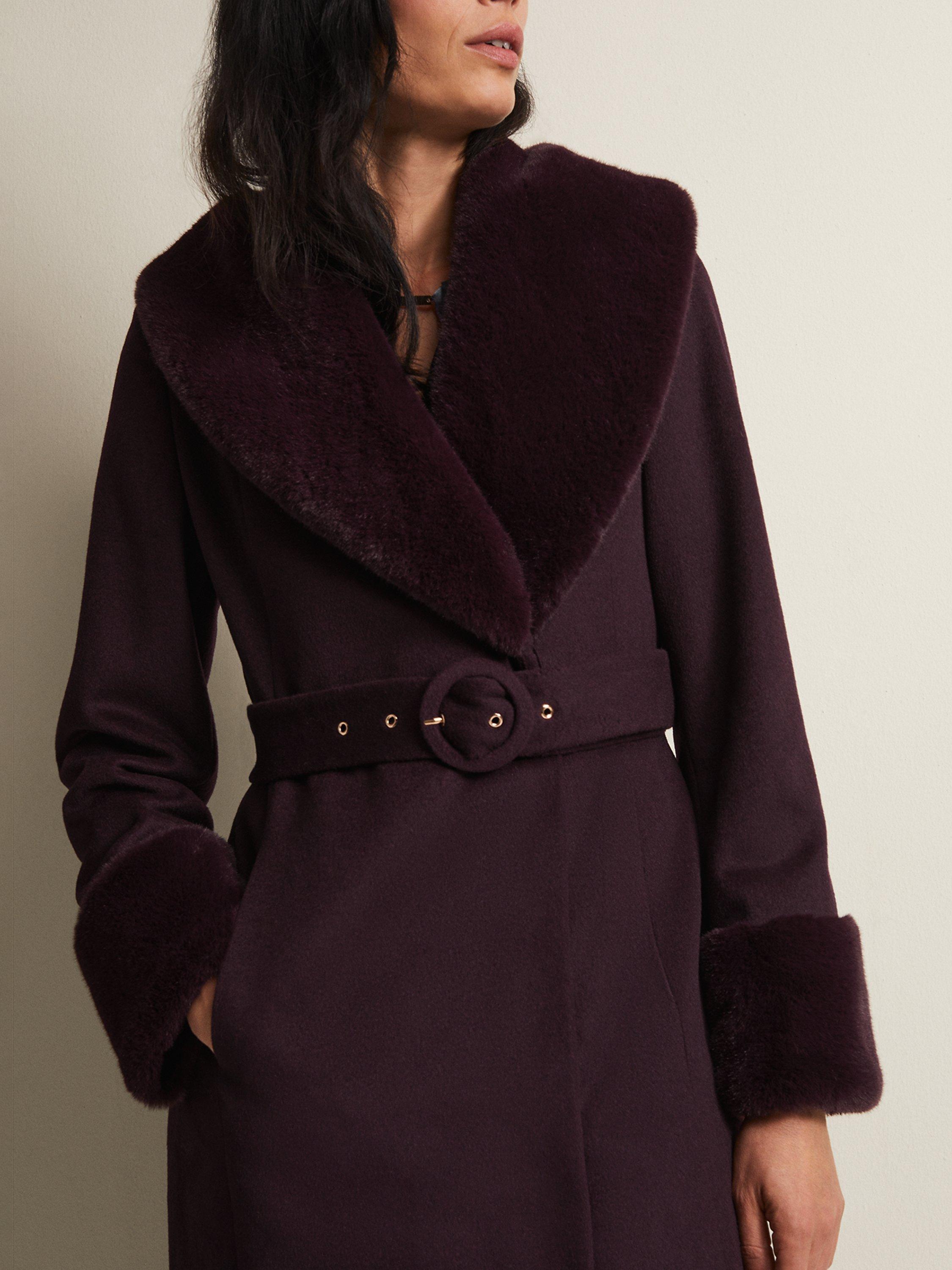 Product image 8 of 8, which shows Phase Eight Zylah Wool Blend Faux Fur Collar Smart Coat, Burgundy, 16