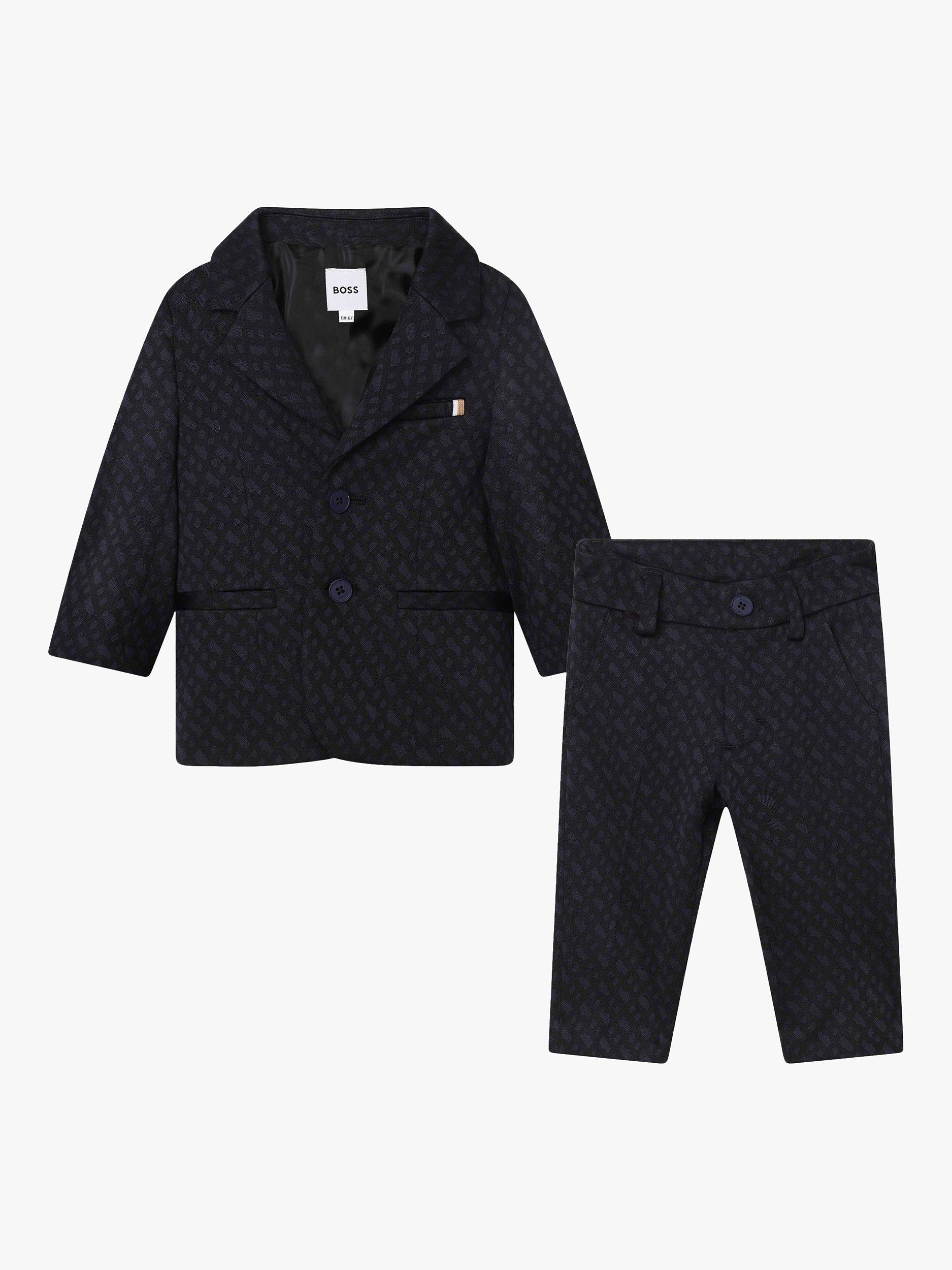Product image 1 of 3, which shows BOSS Baby Jacquard Monogram Jacket & Trousers Set, Navy, 3 months