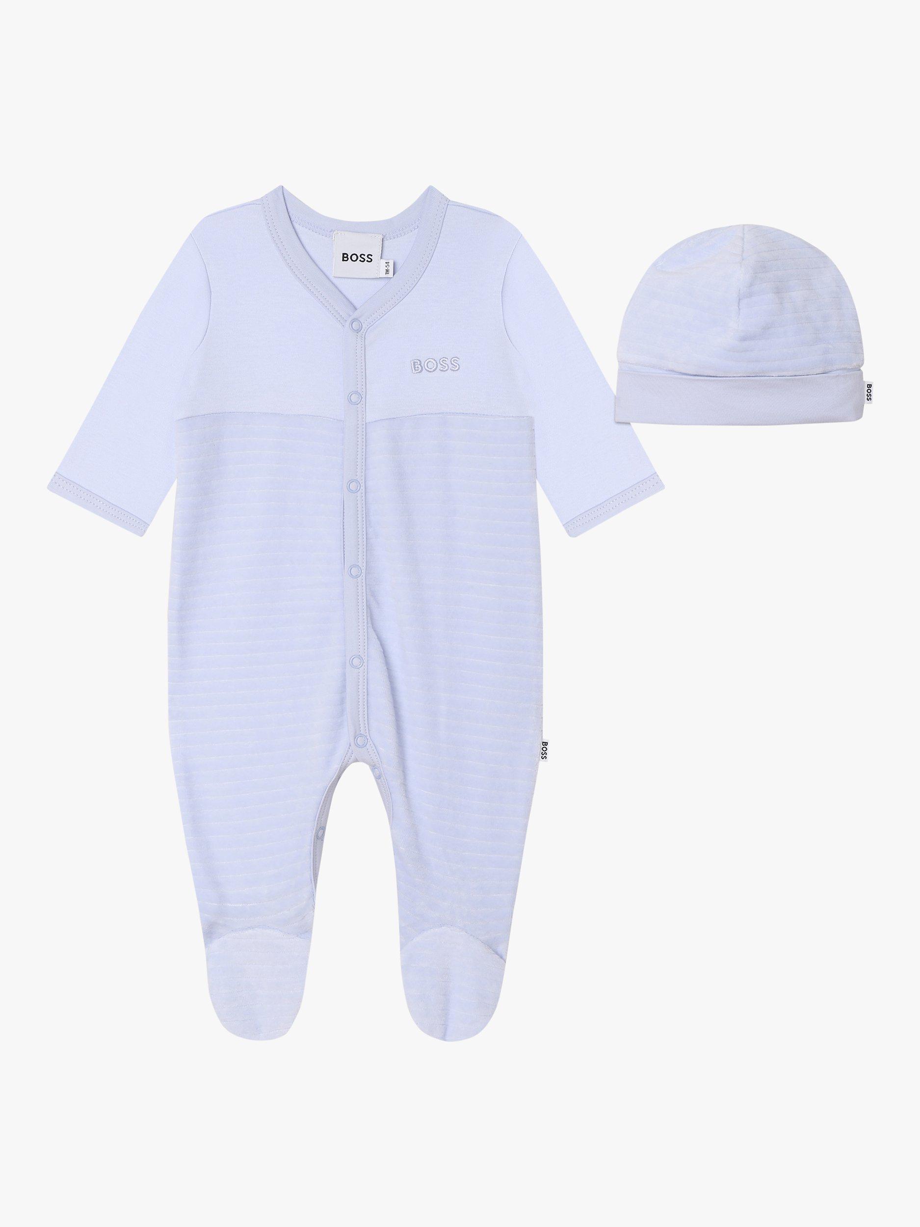 Product image 1 of 3, which shows BOSS Baby Logo Velvet Stripe Sleepsuit & Hat Set, Light Blue, 18 months