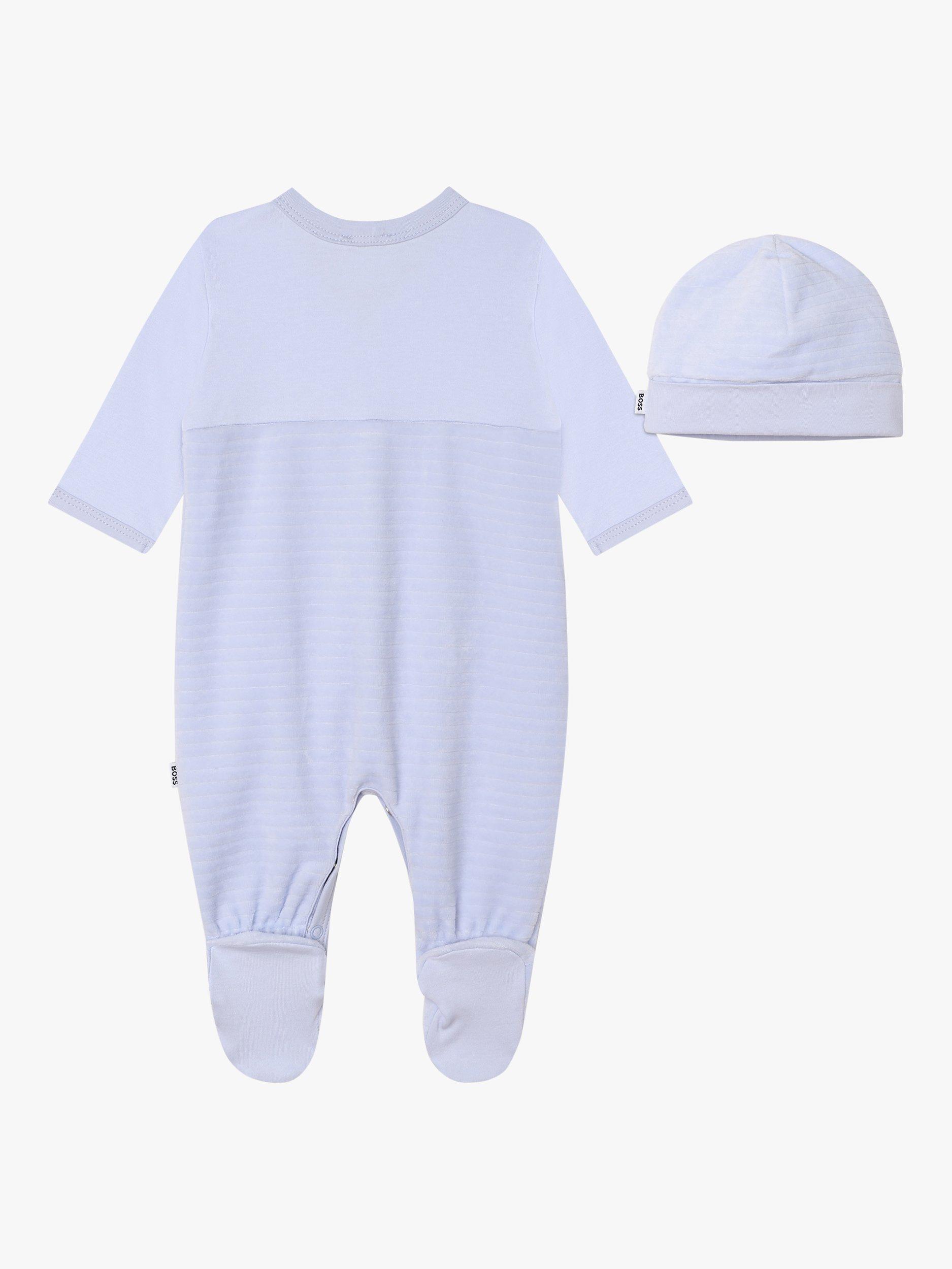 Product image 2 of 3, which shows BOSS Baby Logo Velvet Stripe Sleepsuit & Hat Set, Light Blue, 18 months