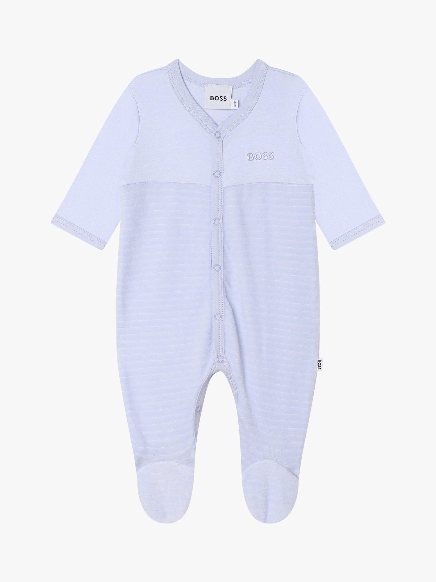 Product image 3 of 3, which shows BOSS Baby Logo Velvet Stripe Sleepsuit & Hat Set, Light Blue, 18 months