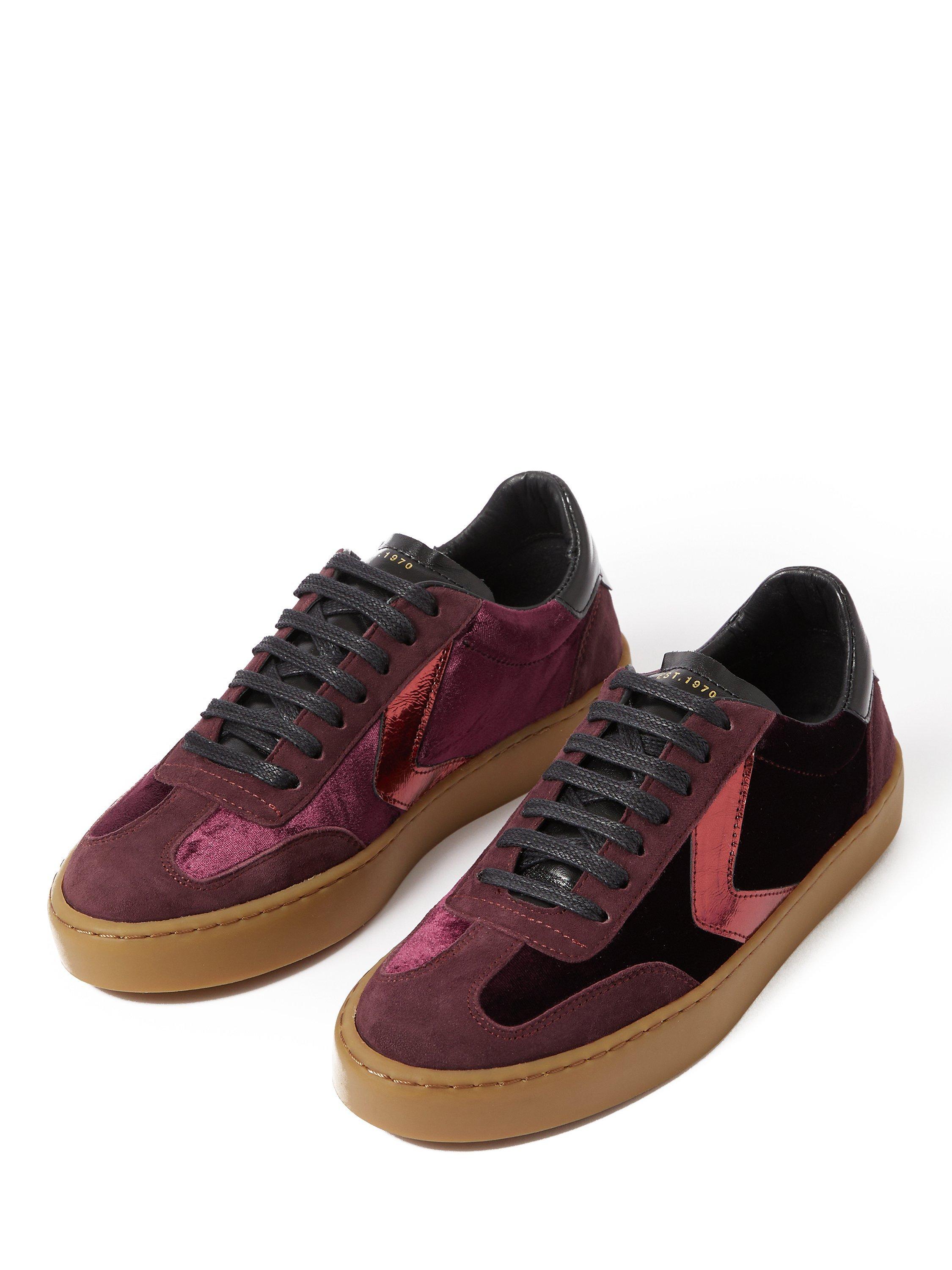 Product image 3 of 6, which shows Jigsaw Portland Velvet Low Top Trainers, Burgandy, EU36