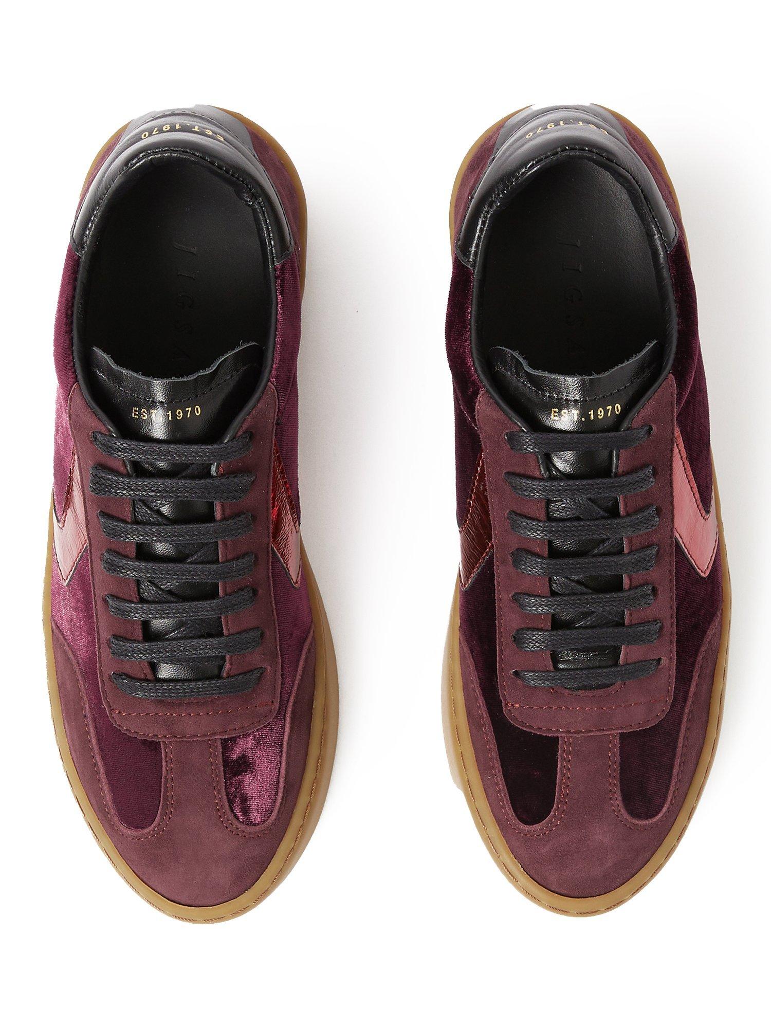 Product image 4 of 6, which shows Jigsaw Portland Velvet Low Top Trainers, Burgandy, EU36