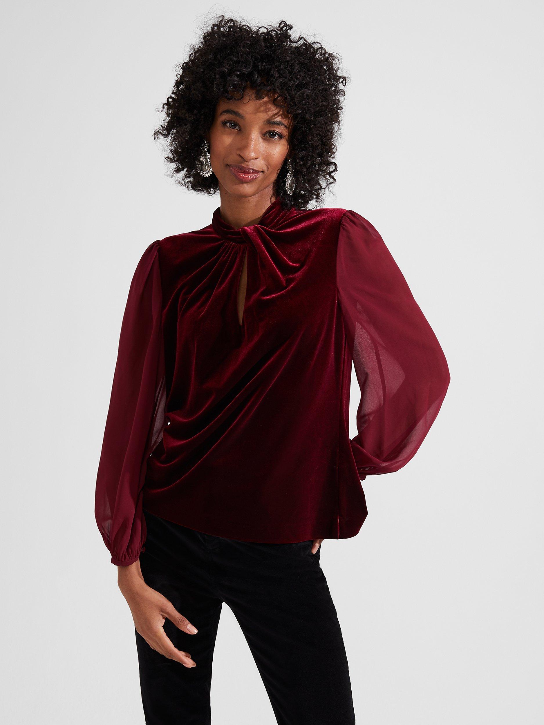 Hobbs Faye Twist Neck Velvet Top, Deep Red