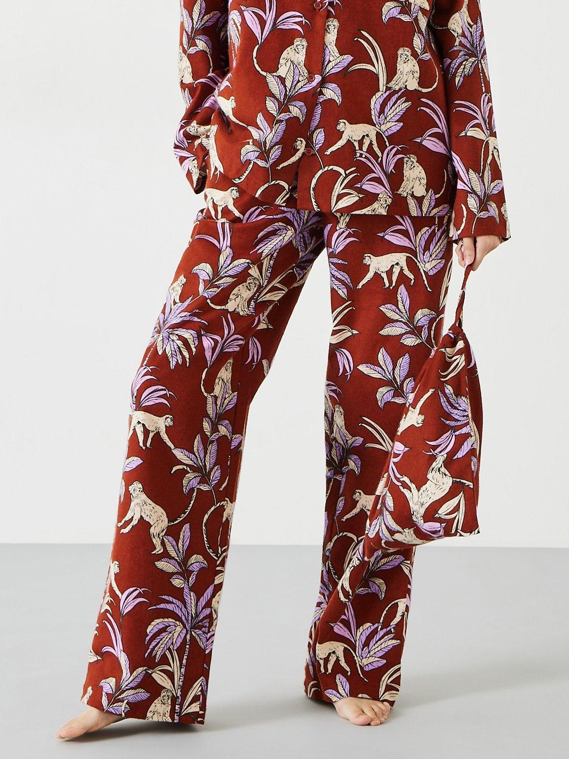 HUSH Sadie Cotton Flannel Monkey Print Pyjama Trousers, Brick/Lilac