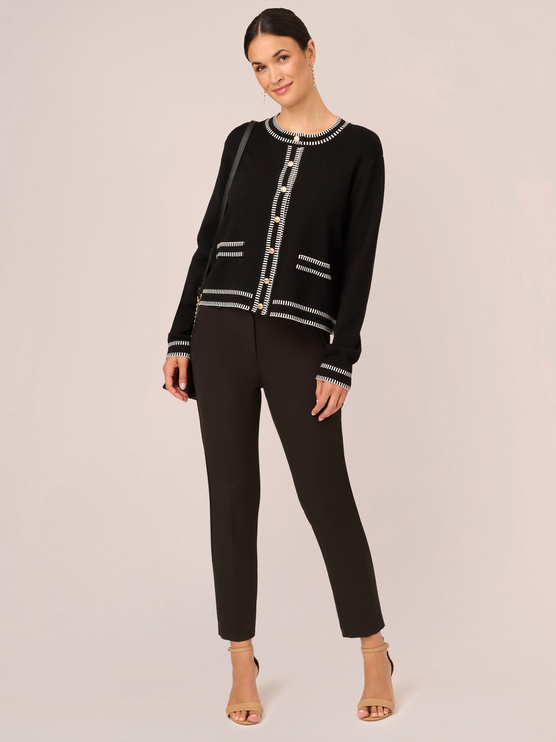 Product image 3 of 6, which shows Adrianna Papell Crew Neck Cardigan With Stitch Detail, Black/Cream, L