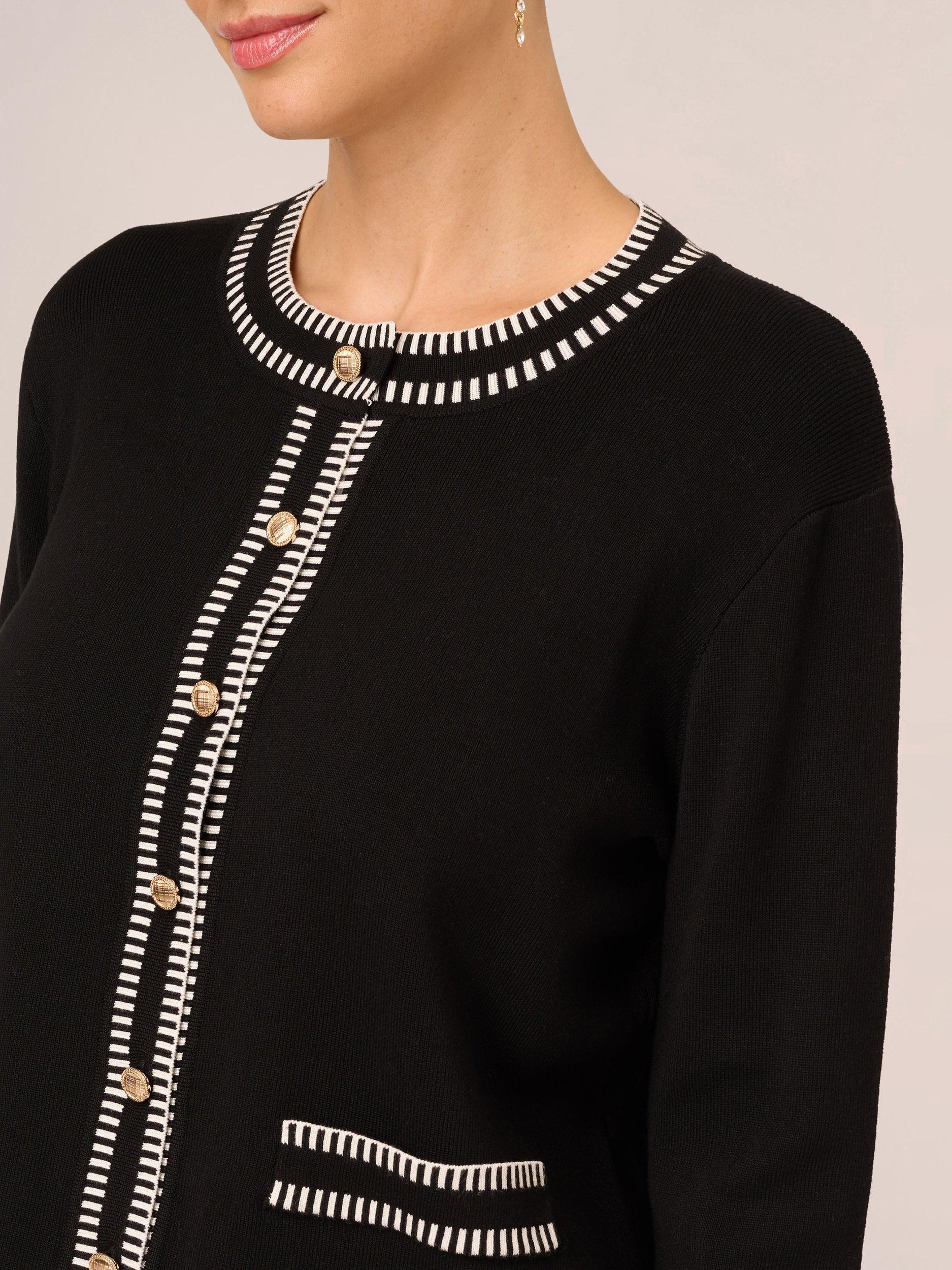 Product image 4 of 6, which shows Adrianna Papell Crew Neck Cardigan With Stitch Detail, Black/Cream, L