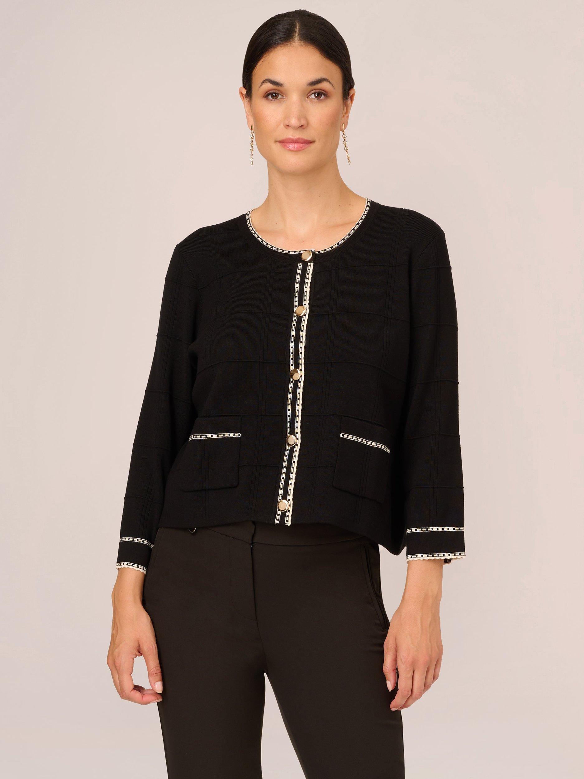 Product image 1 of 4, which shows Adrianna Papell Button Front Tipped Sweater, Black/Cream, L