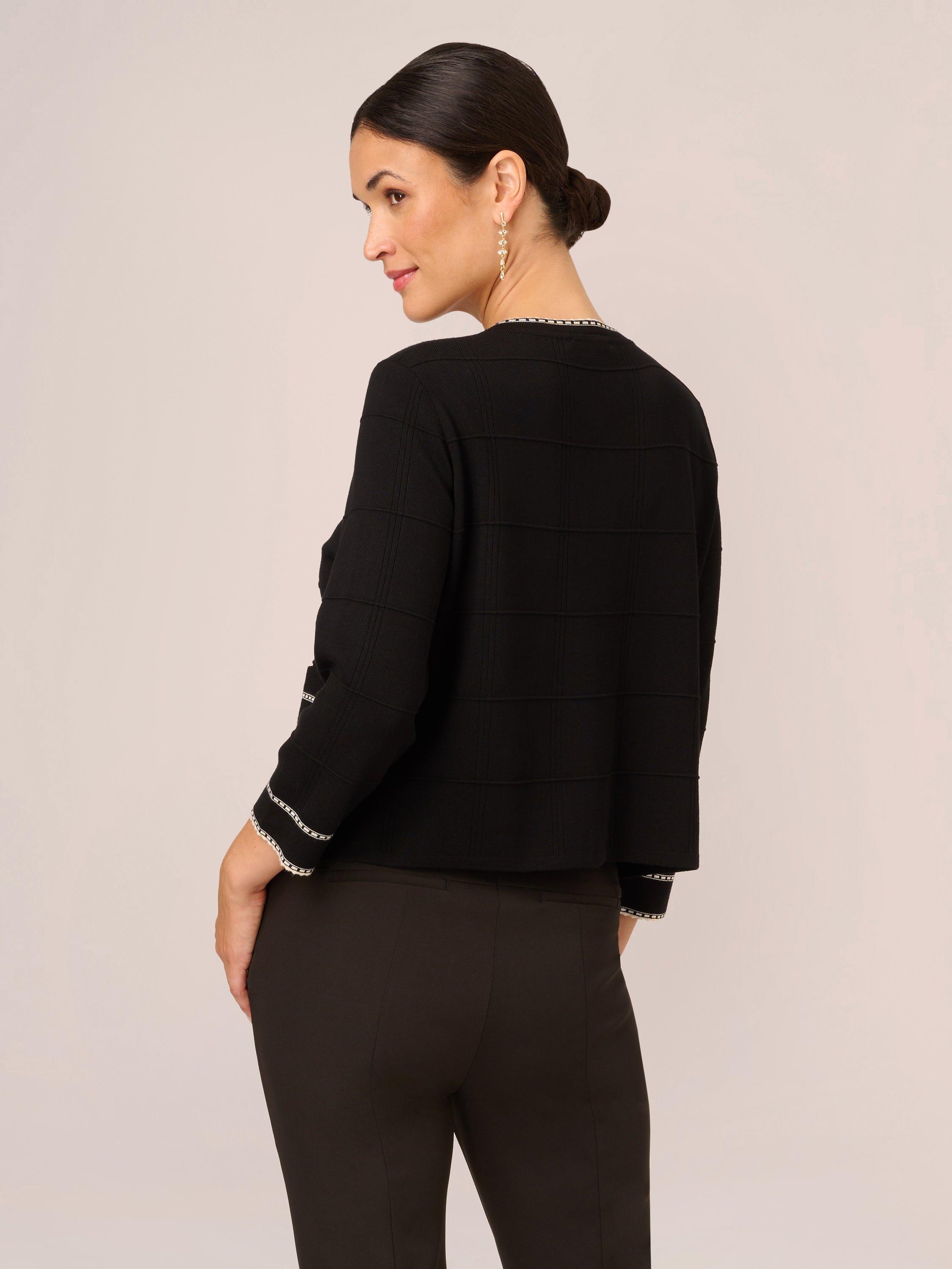 Product image 2 of 4, which shows Adrianna Papell Button Front Tipped Sweater, Black/Cream, L
