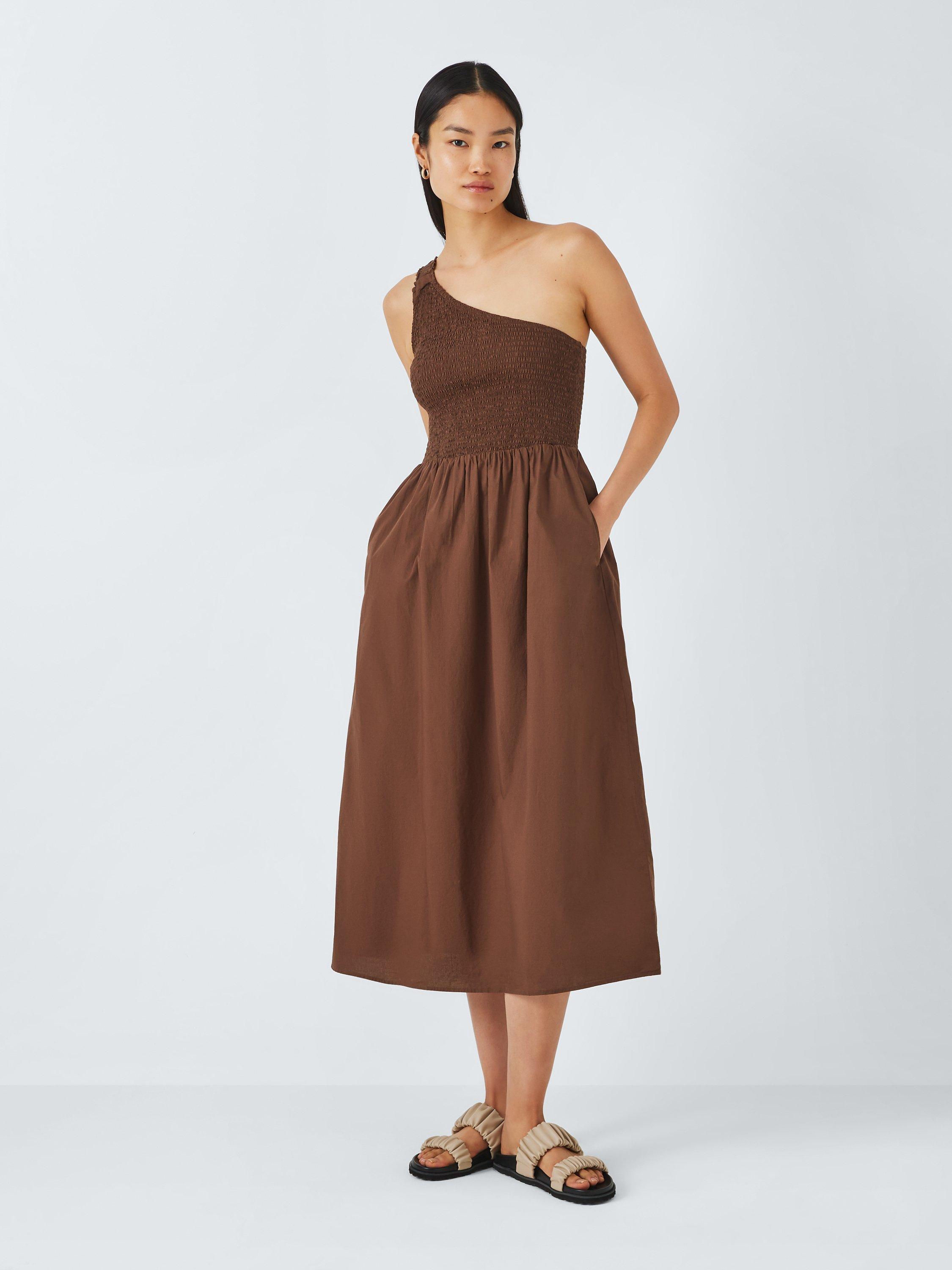 John Lewis ANYDAY Shirred Bodice Asymmetric Dress, Brown