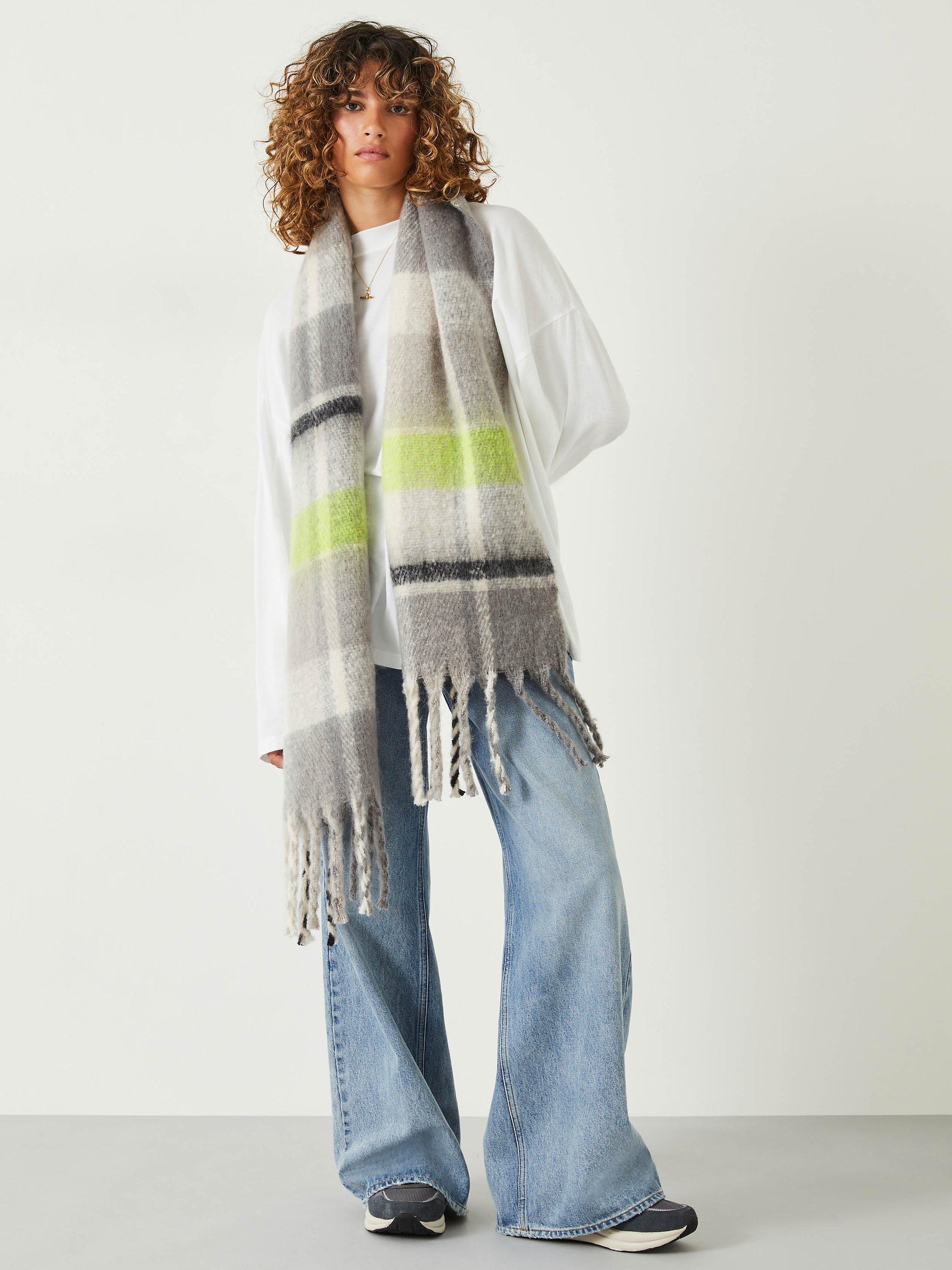 HUSH Amber Long Fringe Check Scarf, Grey/Green