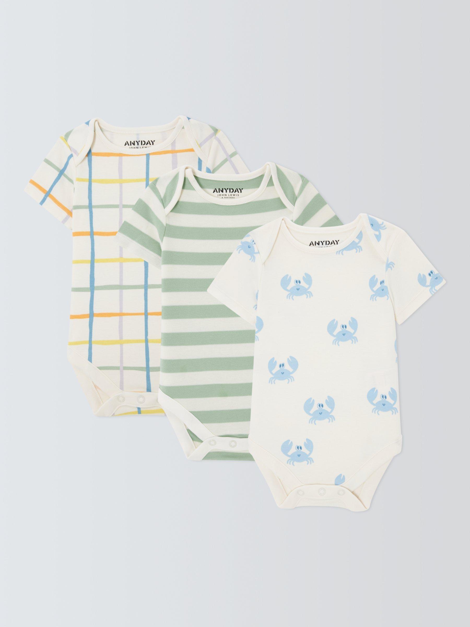 John Lewis ANYDAY Baby Crab Stripe Bodysuit, Pack of 3, Blue/Multi