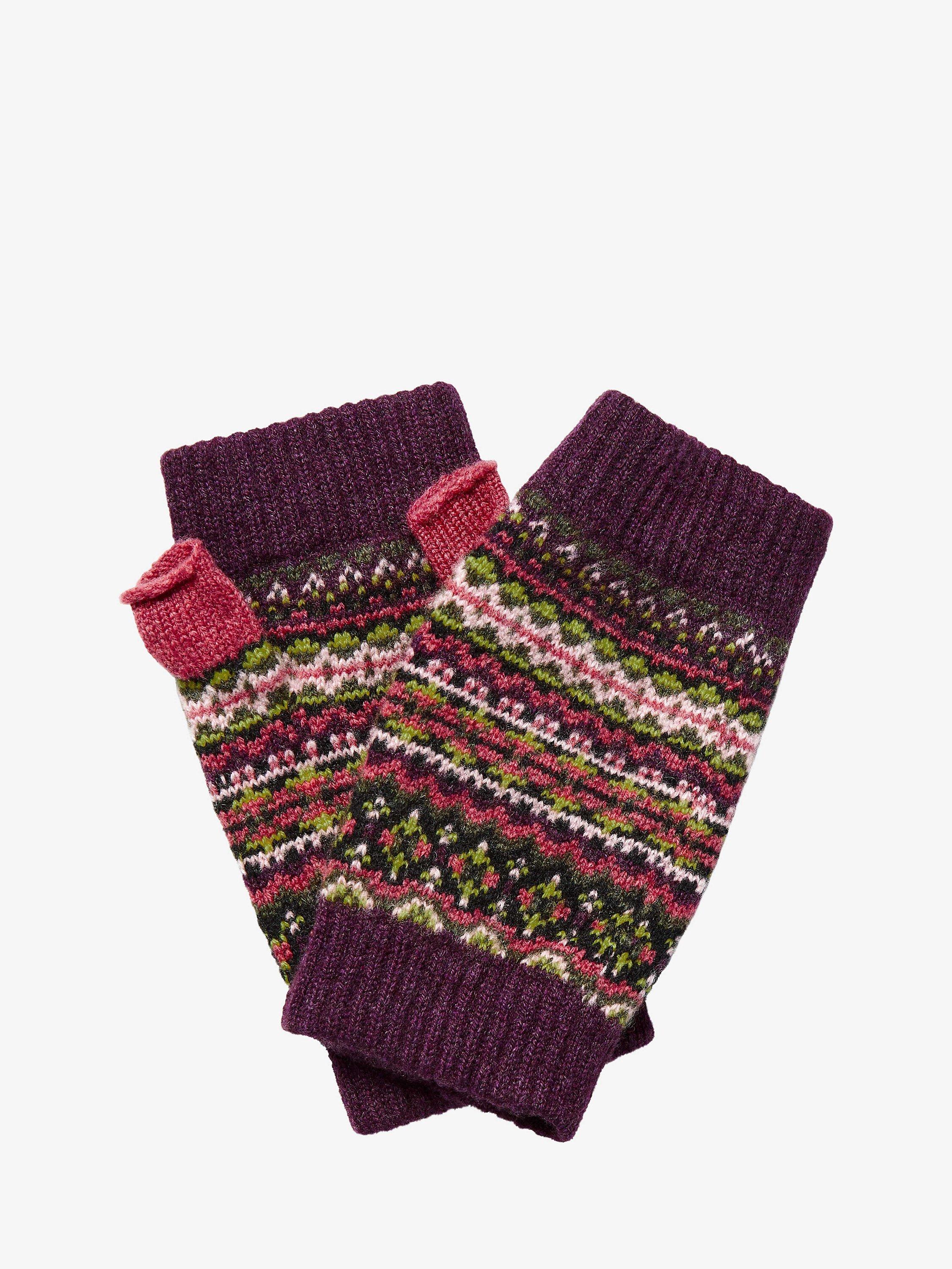 Brora Fair Isle Fingereless Cashmere Gloves, Aubergine