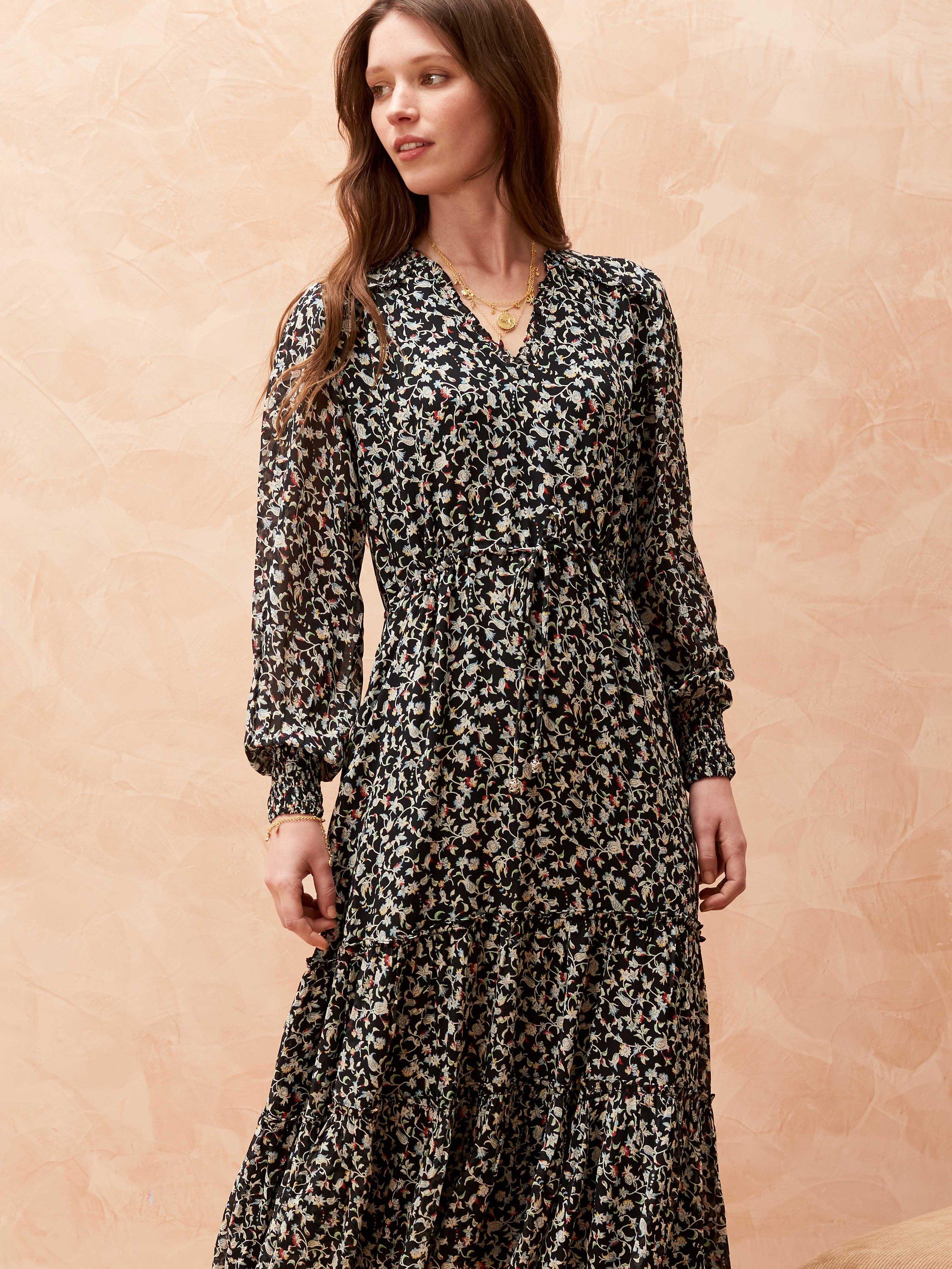 Brora Silk Floral Vine Midi Tiered Dress, Black/Multi