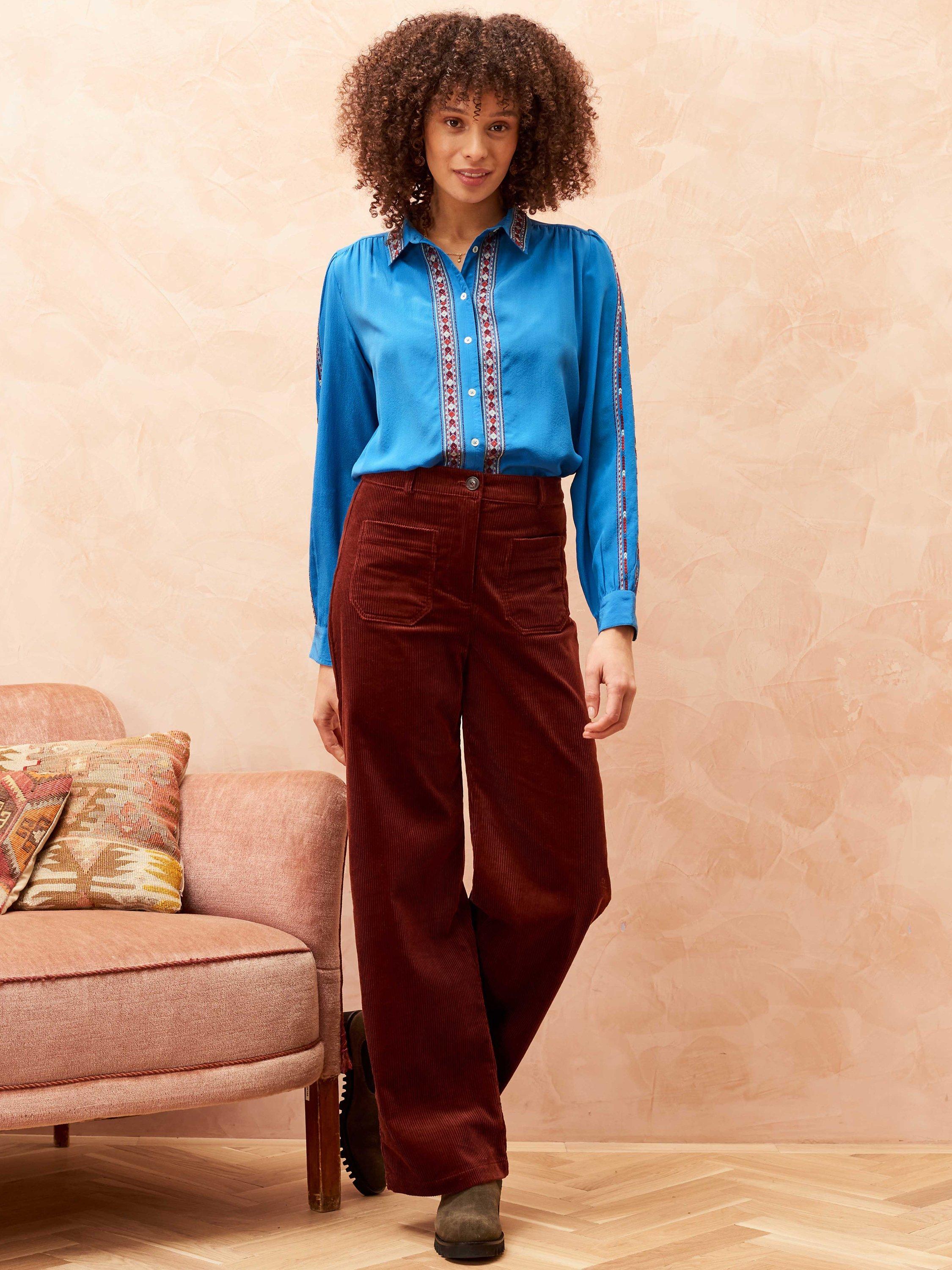 Brora Silk Crepe De Chine Folk Shirt, Chambray