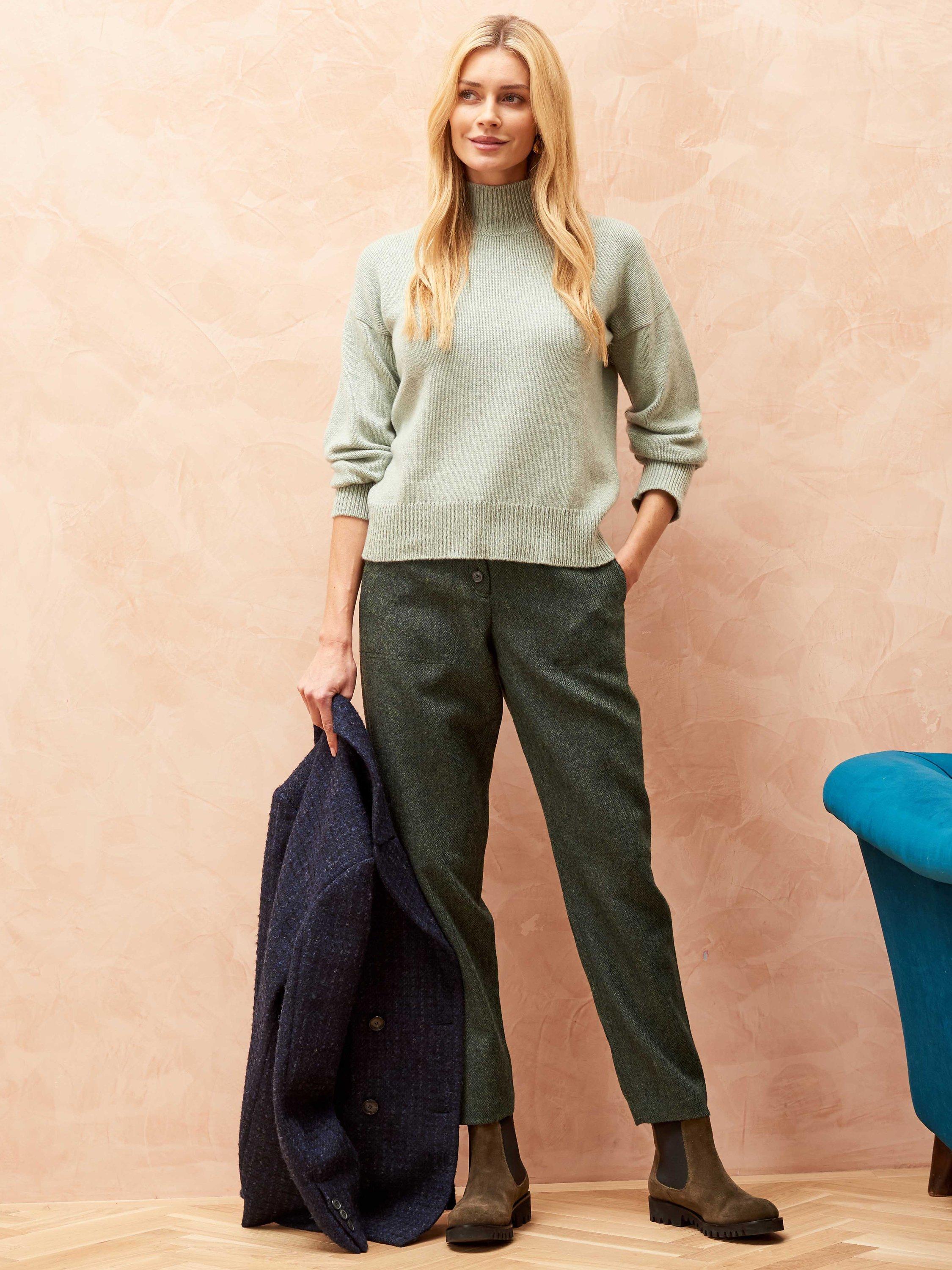 Brora Herringbone Wool Tweed Trousers, Pine