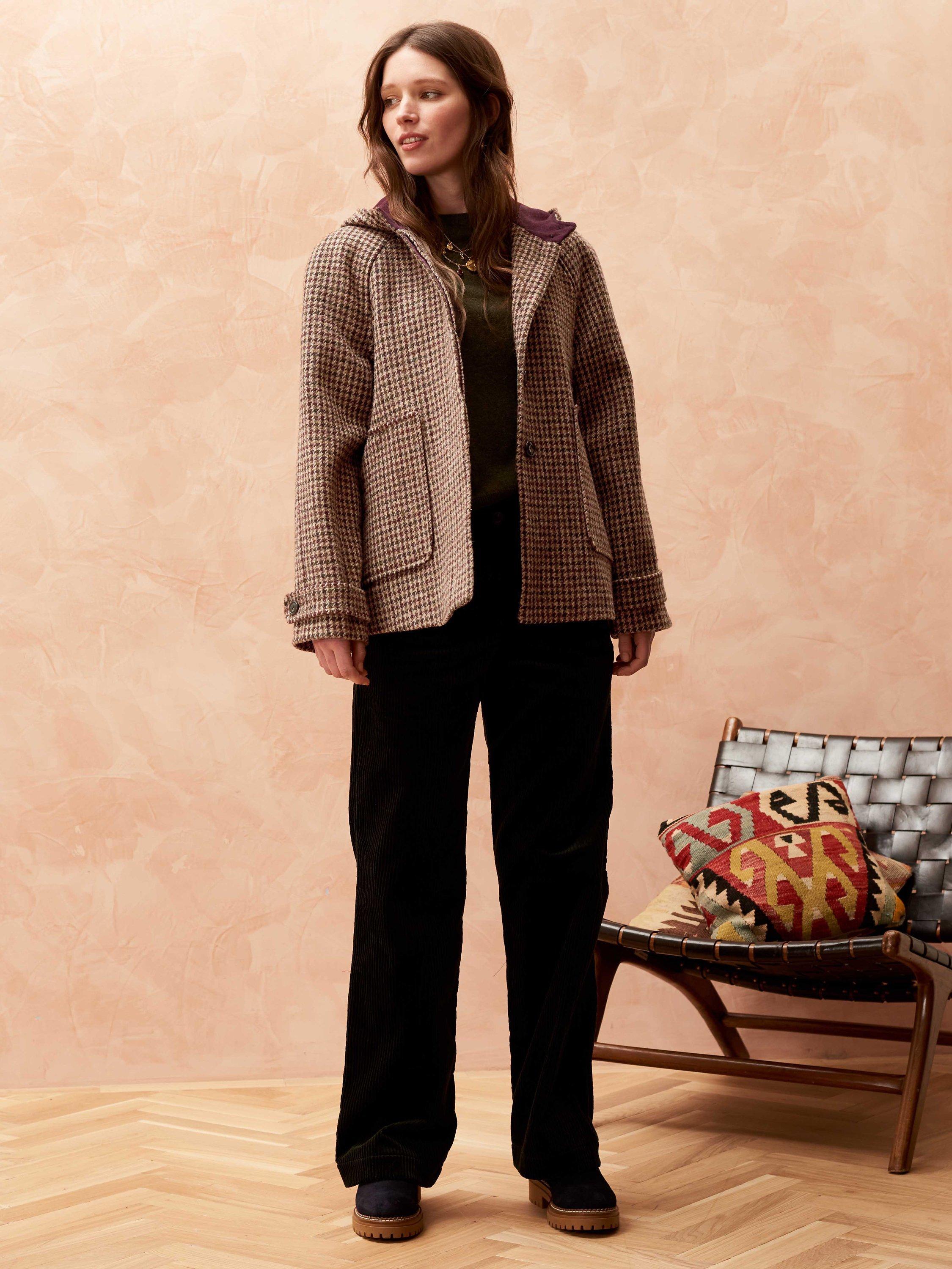 Brora Harris Tweed Houndstooth Hooded Jacket, Berry/Otter