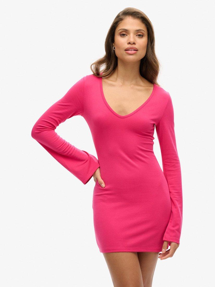 Product image 1 of 5, which shows Superdry Flare Sleeve Bodycon Mini Dress, Highland Berry, 6