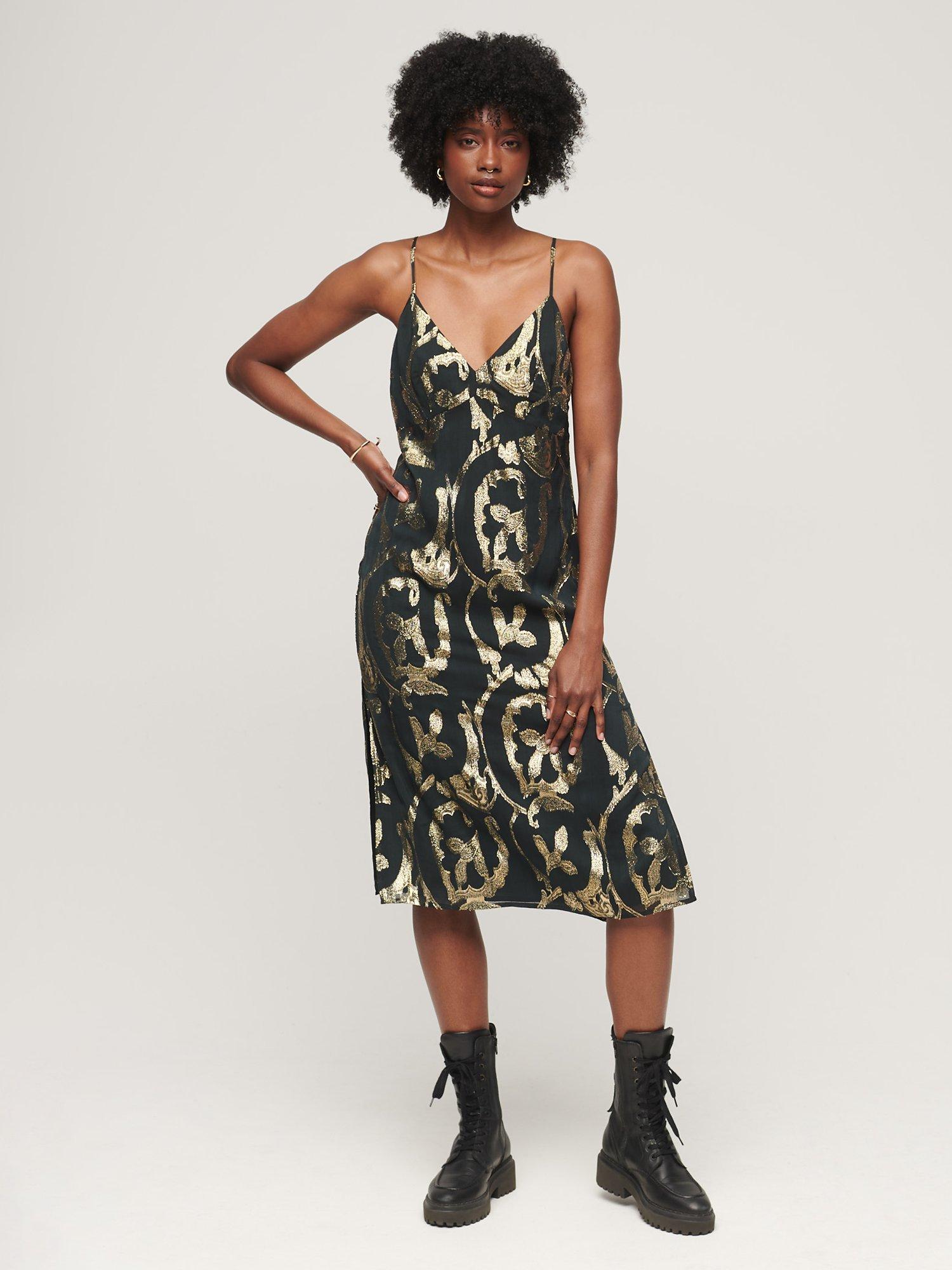Superdry Metallic Midi Slip Dress, Dark Green Metallic