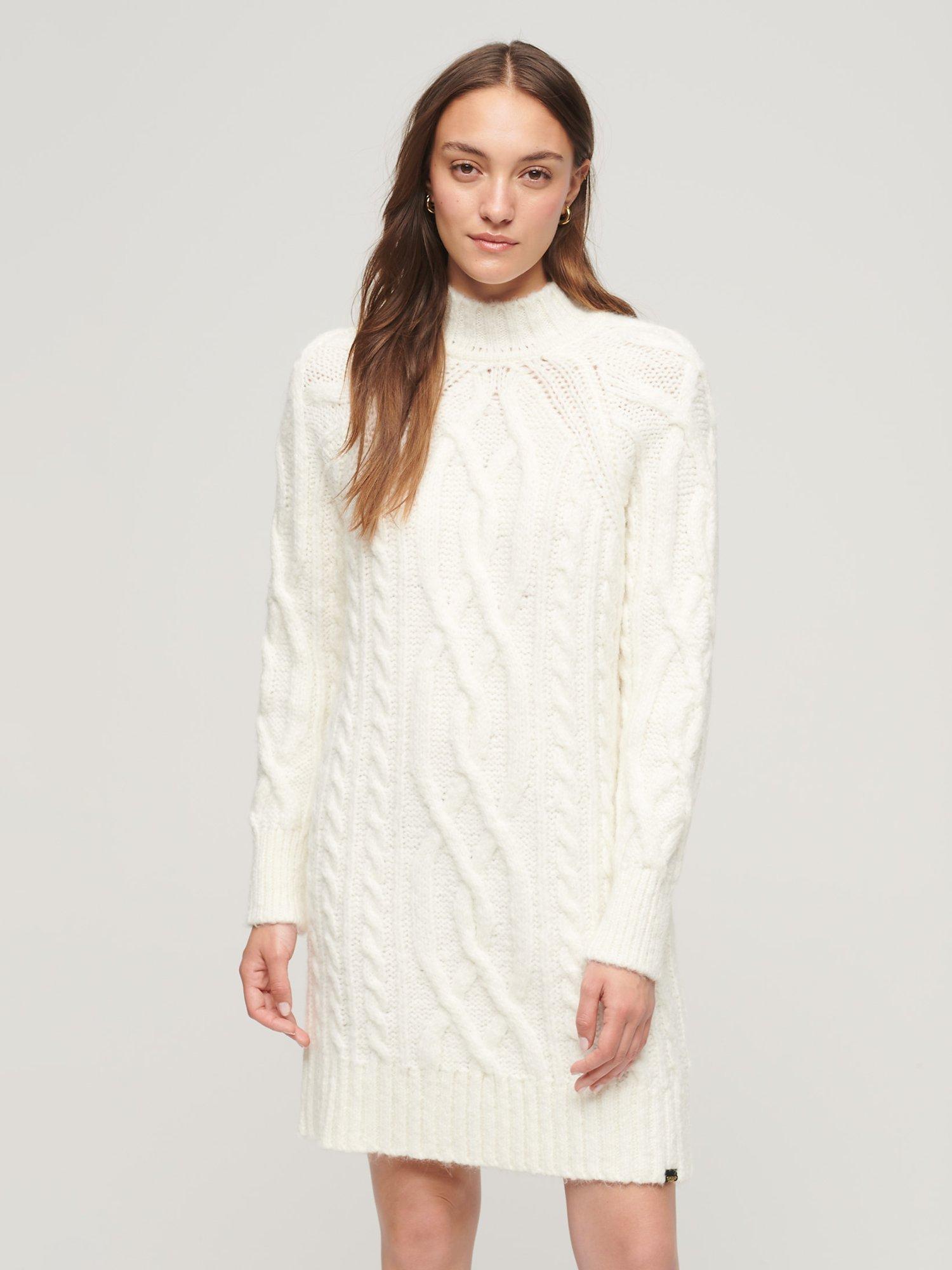 Superdry Cable Knit Mock Neck Jumper Dress, Off White, 6