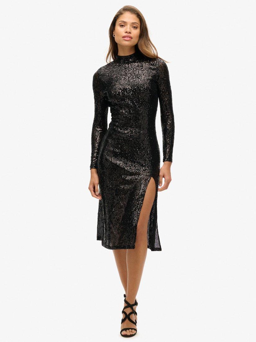 Superdry Backless Sequin Midi Dress, Black Angle Sequins, 8