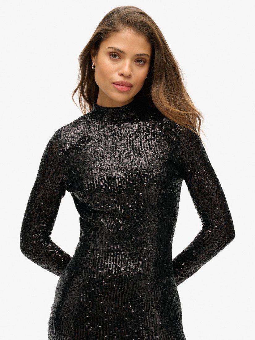 Superdry Backless Sequin Midi Dress, Black Angle Sequins, 8